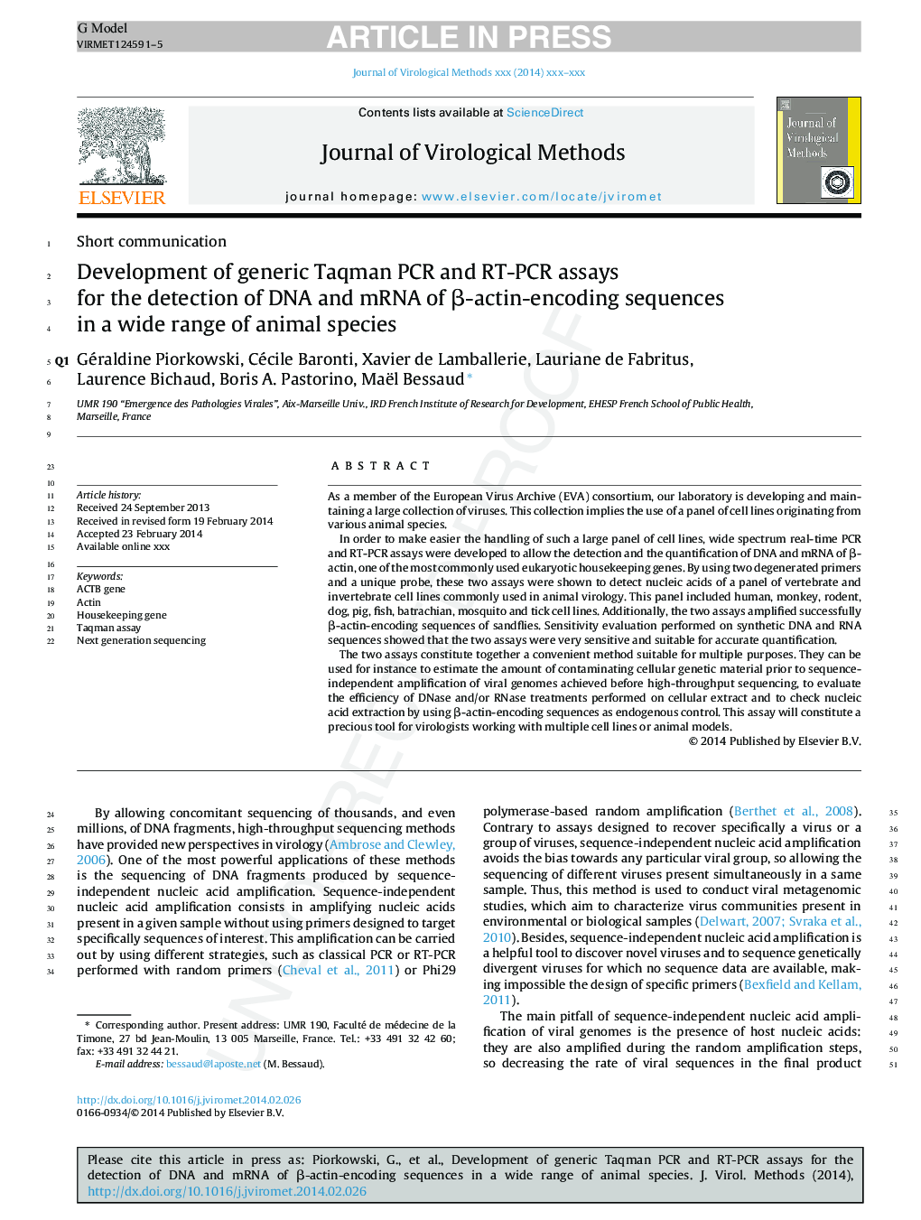 Development of generic Taqman PCR and RT-PCR assays for the detection of DNA and mRNA of Î²-actin-encoding sequences in a wide range of animal species