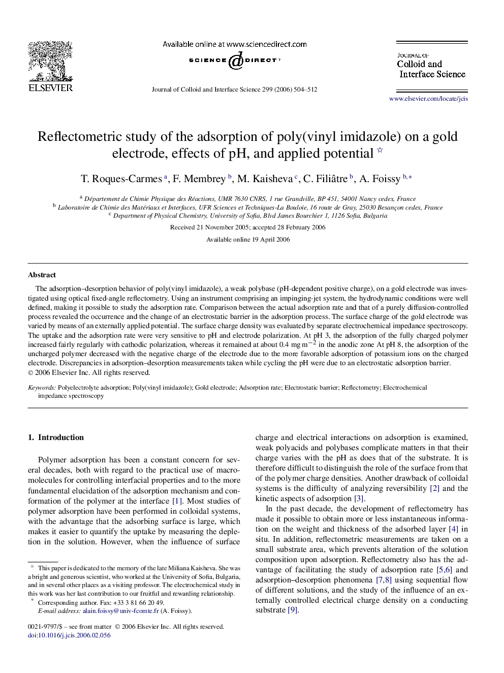 Reflectometric study of the adsorption of poly(vinyl imidazole) on a gold electrode, effects of pH, and applied potential 