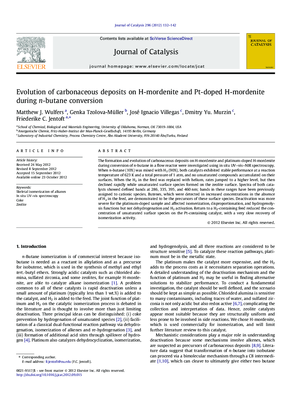 Evolution of carbonaceous deposits on H-mordenite and Pt-doped H-mordenite during n-butane conversion