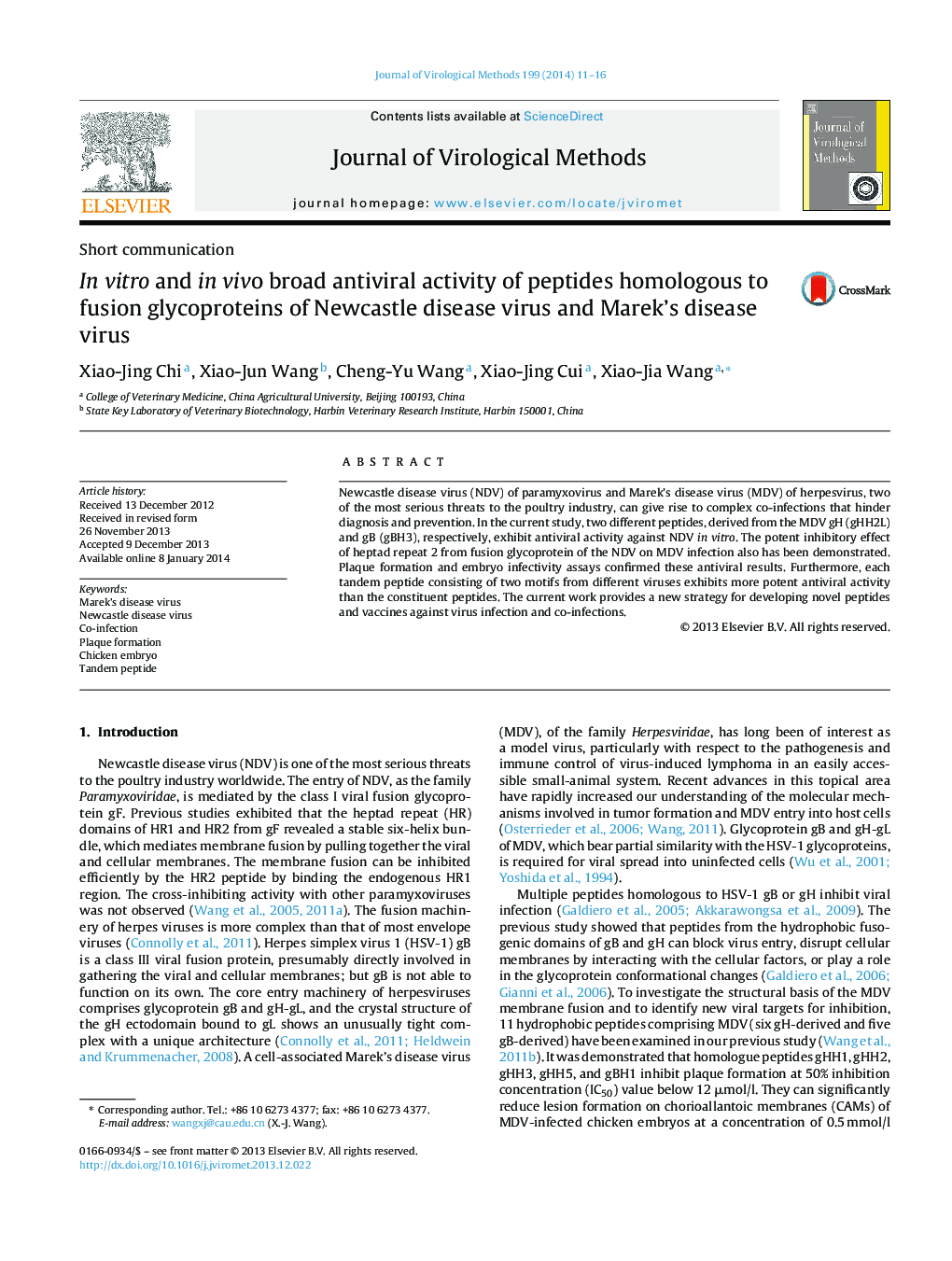 In vitro and in vivo broad antiviral activity of peptides homologous to fusion glycoproteins of Newcastle disease virus and Marek's disease virus