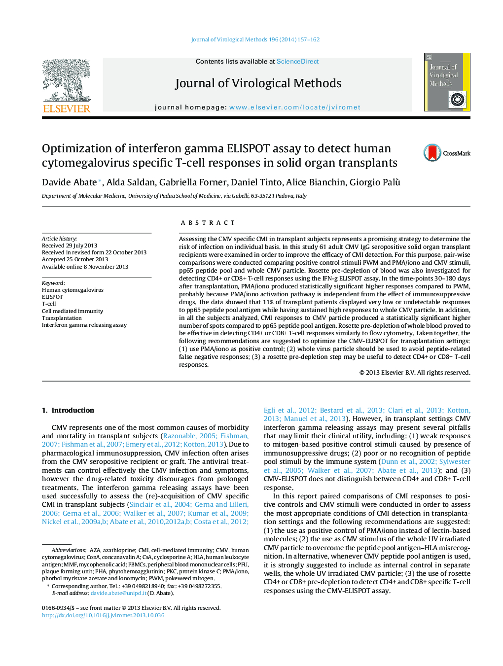 Optimization of interferon gamma ELISPOT assay to detect human cytomegalovirus specific T-cell responses in solid organ transplants