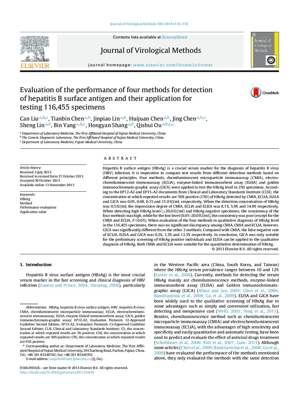 Evaluation of the performance of four methods for detection of hepatitis B surface antigen and their application for testing 116,455 specimens