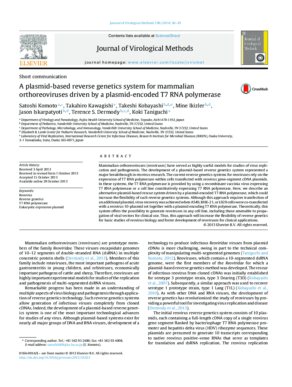 A plasmid-based reverse genetics system for mammalian orthoreoviruses driven by a plasmid-encoded T7 RNA polymerase