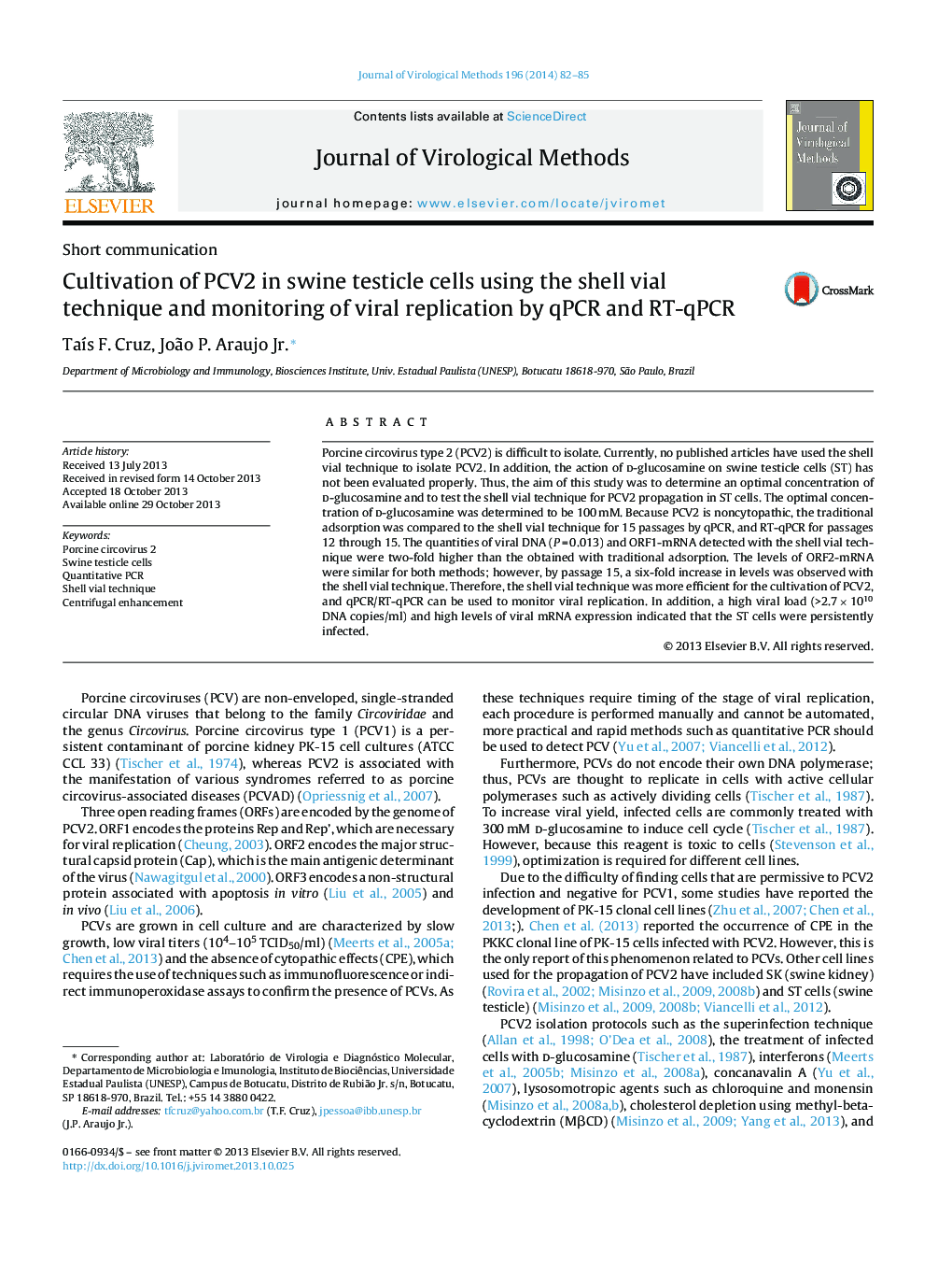 Cultivation of PCV2 in swine testicle cells using the shell vial technique and monitoring of viral replication by qPCR and RT-qPCR