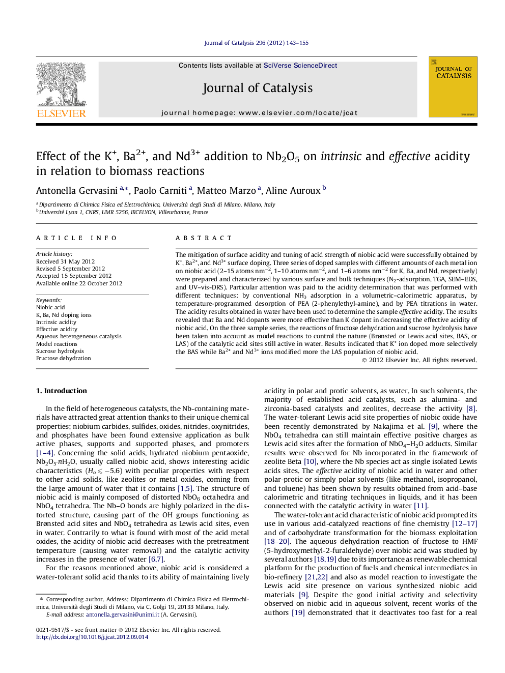 Effect of the K+, Ba2+, and Nd3+ addition to Nb2O5 on intrinsic and effective acidity in relation to biomass reactions