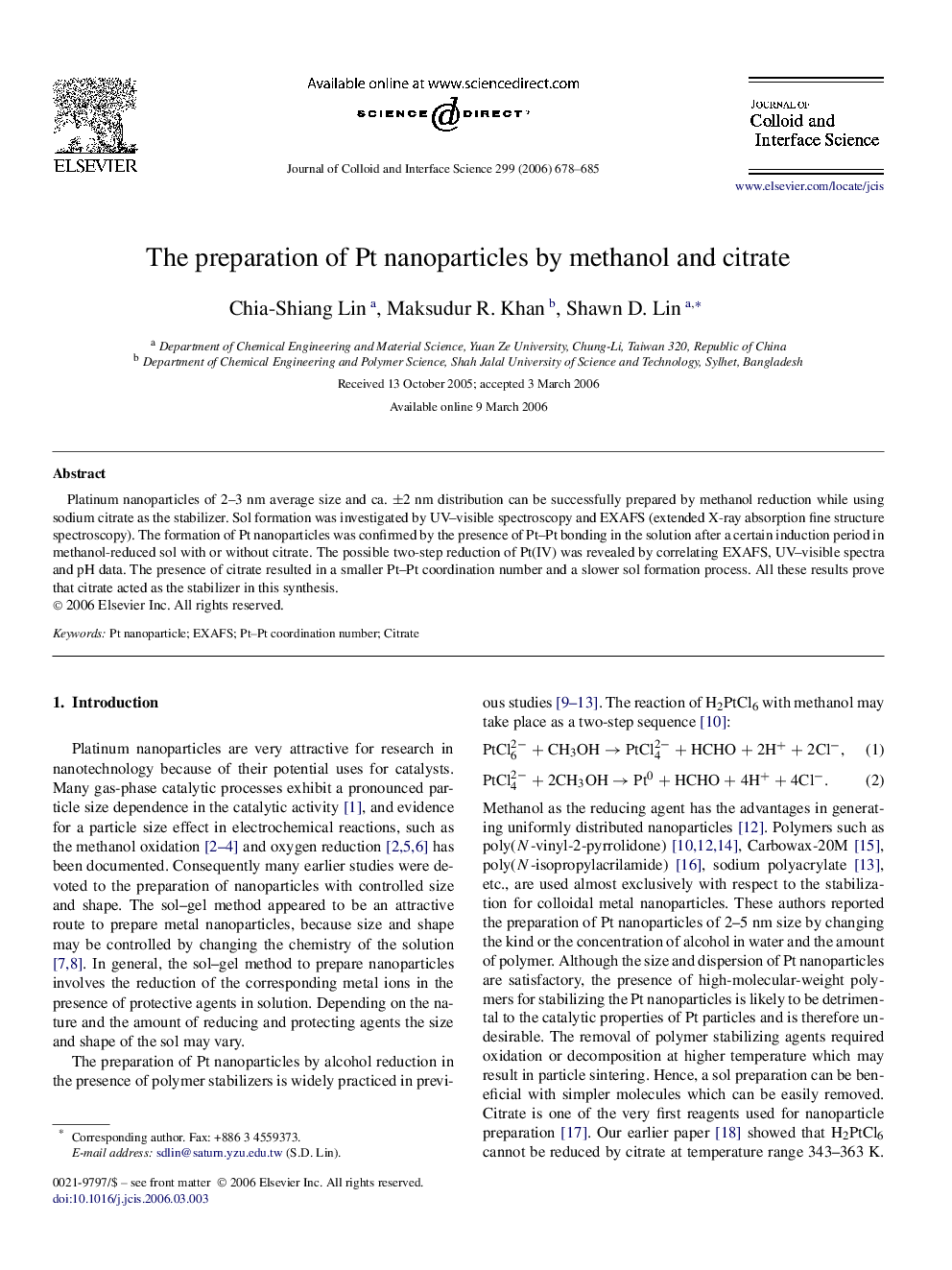 The preparation of Pt nanoparticles by methanol and citrate