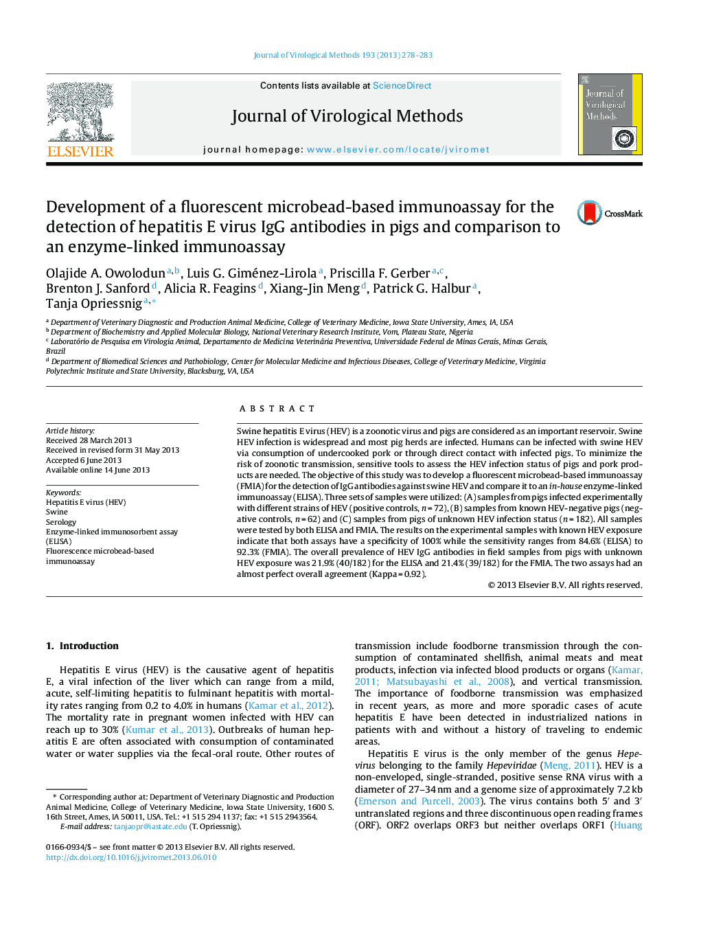 Development of a fluorescent microbead-based immunoassay for the detection of hepatitis E virus IgG antibodies in pigs and comparison to an enzyme-linked immunoassay