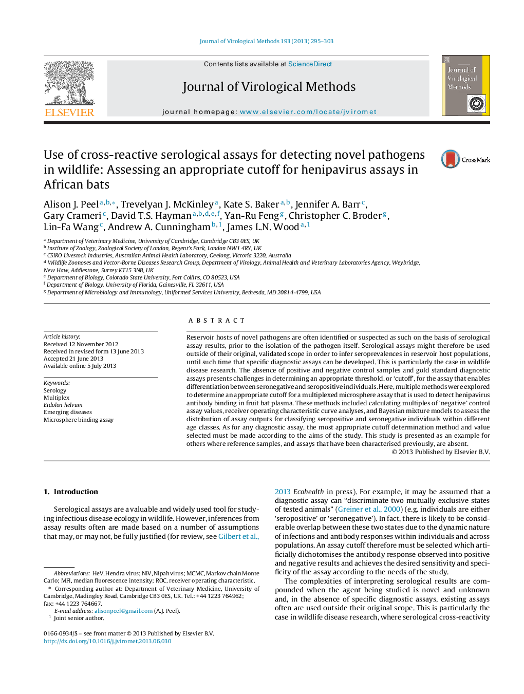 Use of cross-reactive serological assays for detecting novel pathogens in wildlife: Assessing an appropriate cutoff for henipavirus assays in African bats