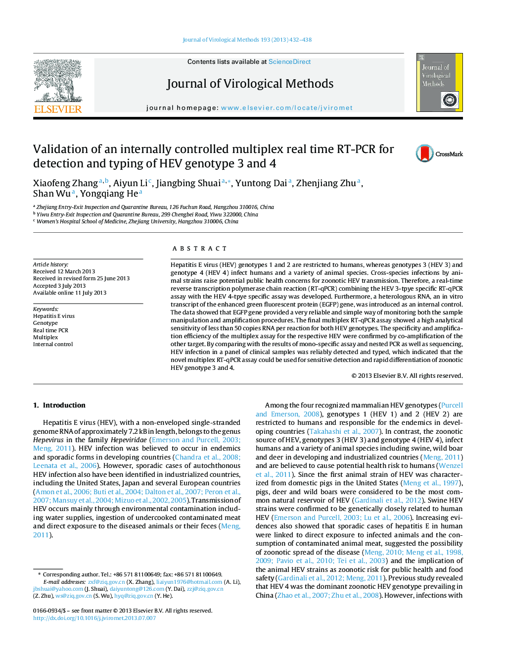 Validation of an internally controlled multiplex real time RT-PCR for detection and typing of HEV genotype 3 and 4