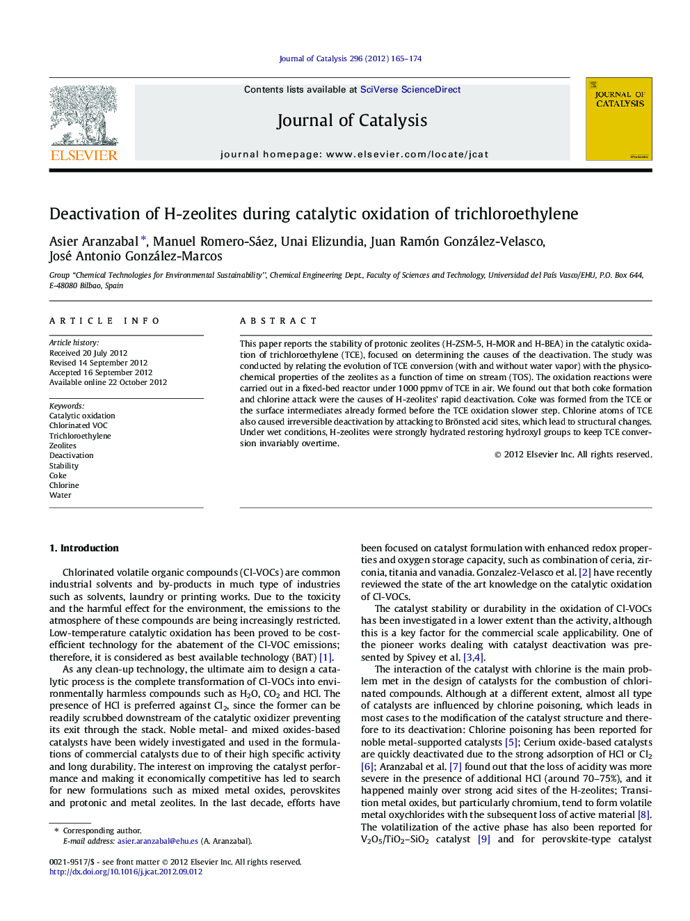 Deactivation of H-zeolites during catalytic oxidation of trichloroethylene