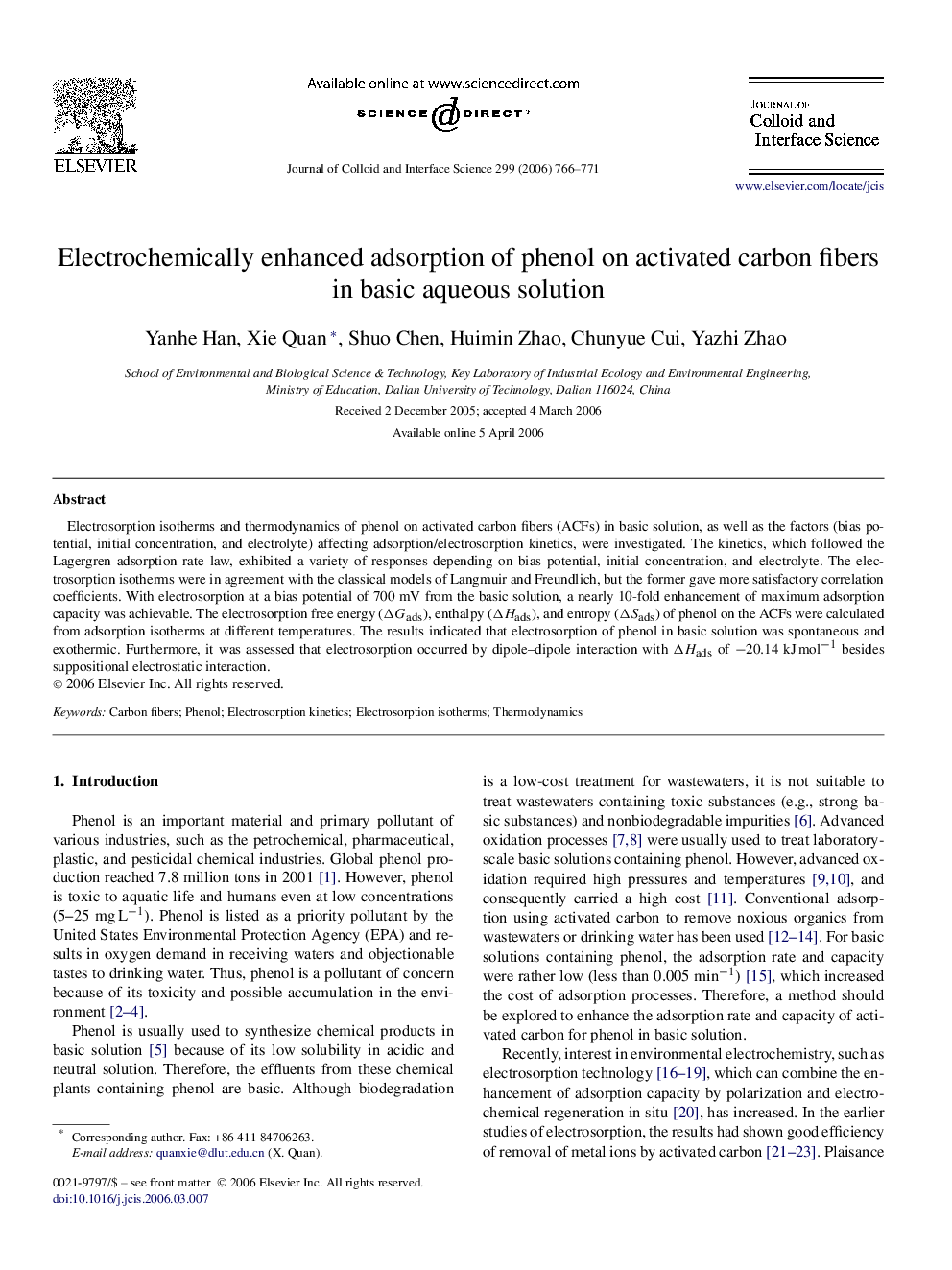 Electrochemically enhanced adsorption of phenol on activated carbon fibers in basic aqueous solution