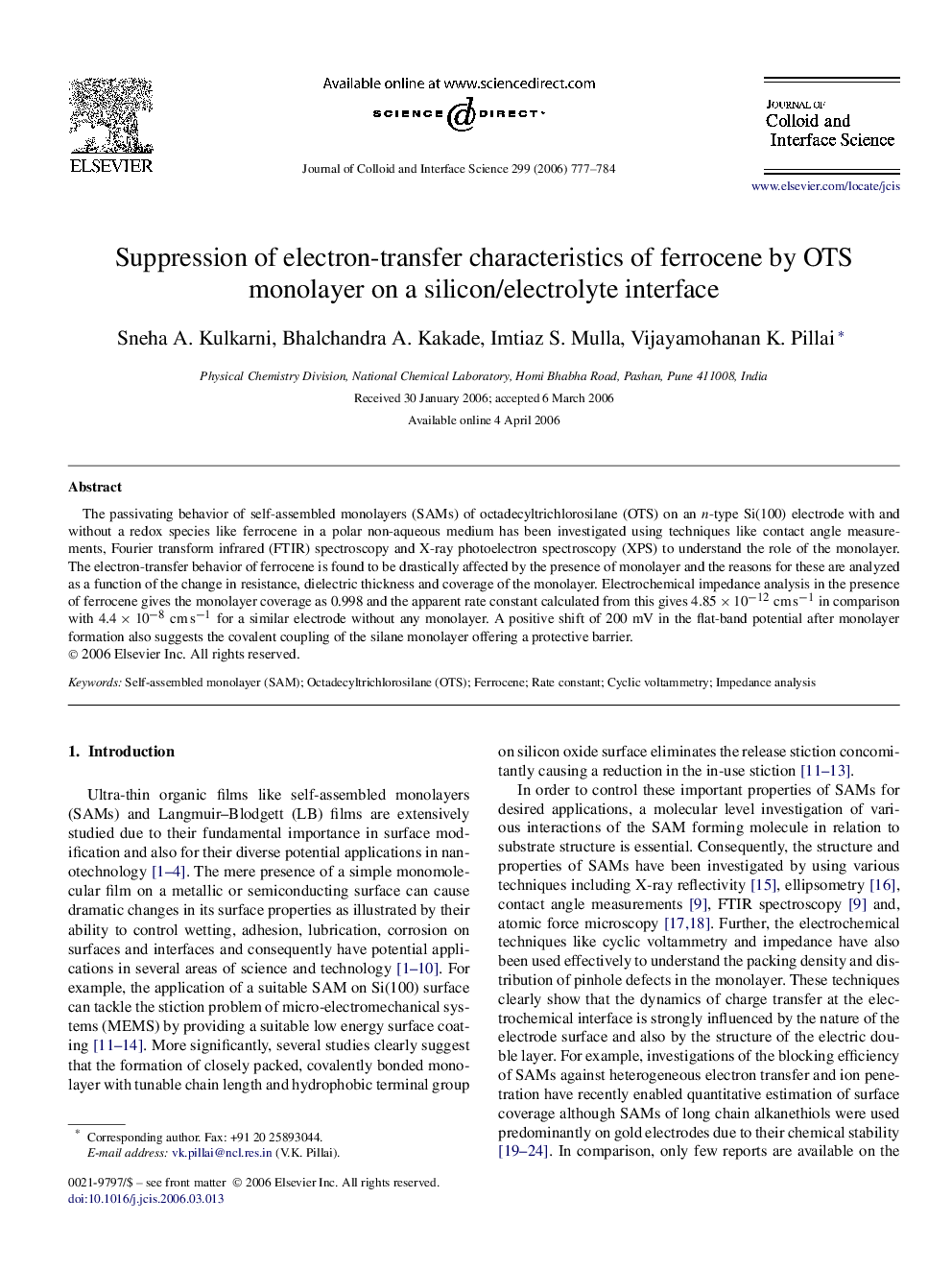 Suppression of electron-transfer characteristics of ferrocene by OTS monolayer on a silicon/electrolyte interface