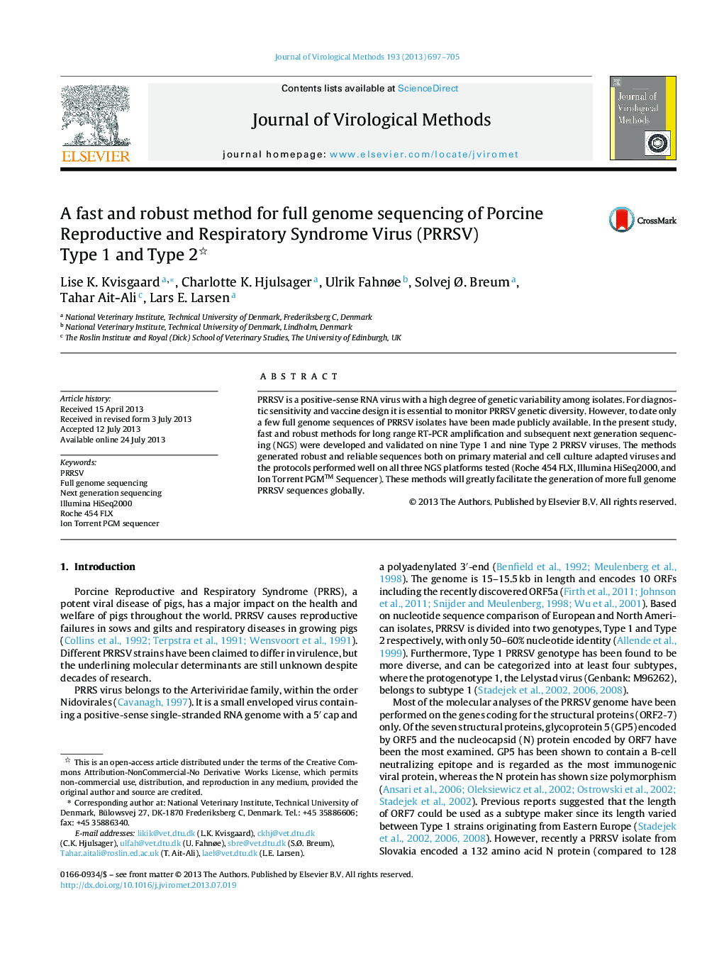 A fast and robust method for full genome sequencing of Porcine Reproductive and Respiratory Syndrome Virus (PRRSV) Type 1 and Type 2