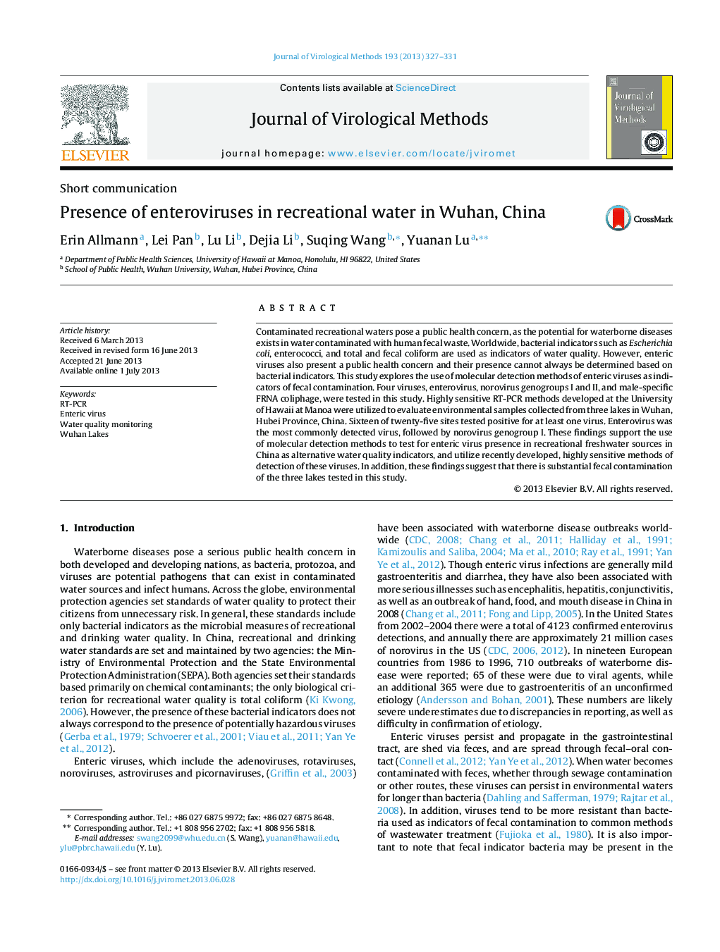 Presence of enteroviruses in recreational water in Wuhan, China