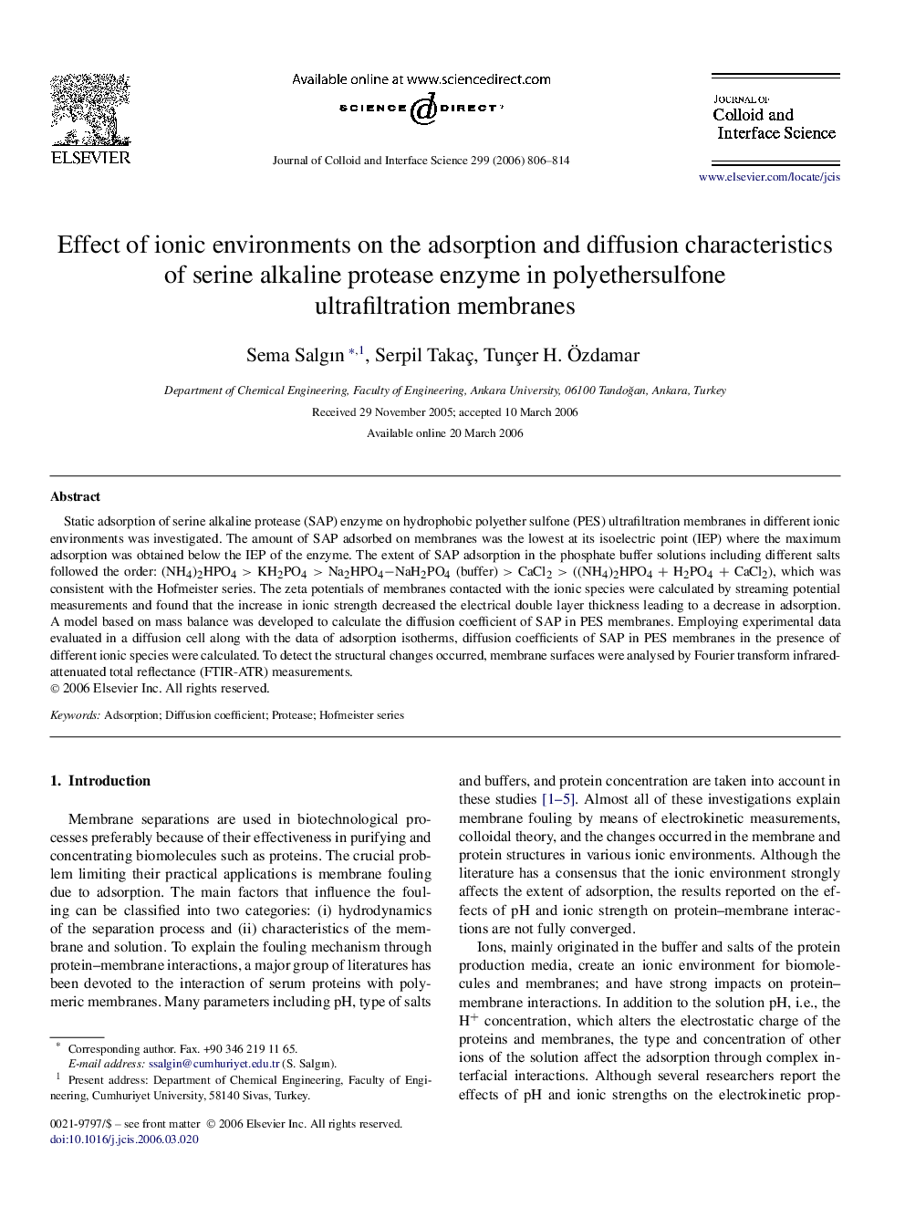 Effect of ionic environments on the adsorption and diffusion characteristics of serine alkaline protease enzyme in polyethersulfone ultrafiltration membranes