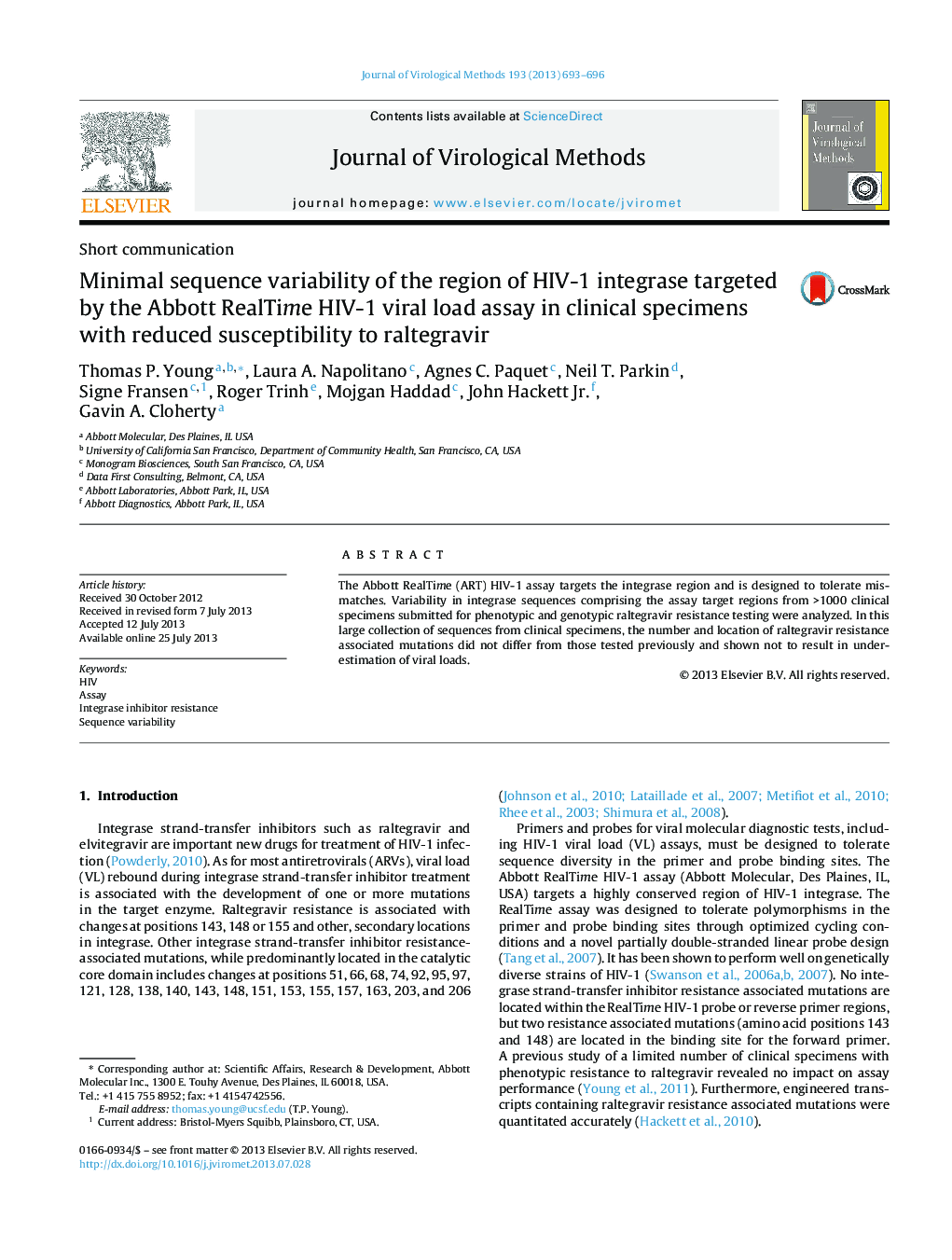 Minimal sequence variability of the region of HIV-1 integrase targeted by the Abbott RealTime HIV-1 viral load assay in clinical specimens with reduced susceptibility to raltegravir