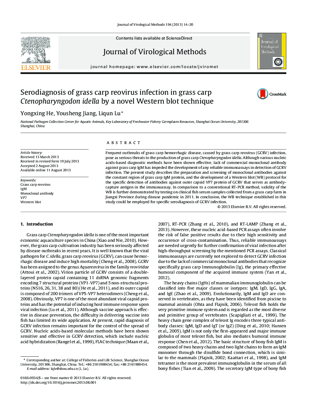 Serodiagnosis of grass carp reovirus infection in grass carp Ctenopharyngodon idella by a novel Western blot technique