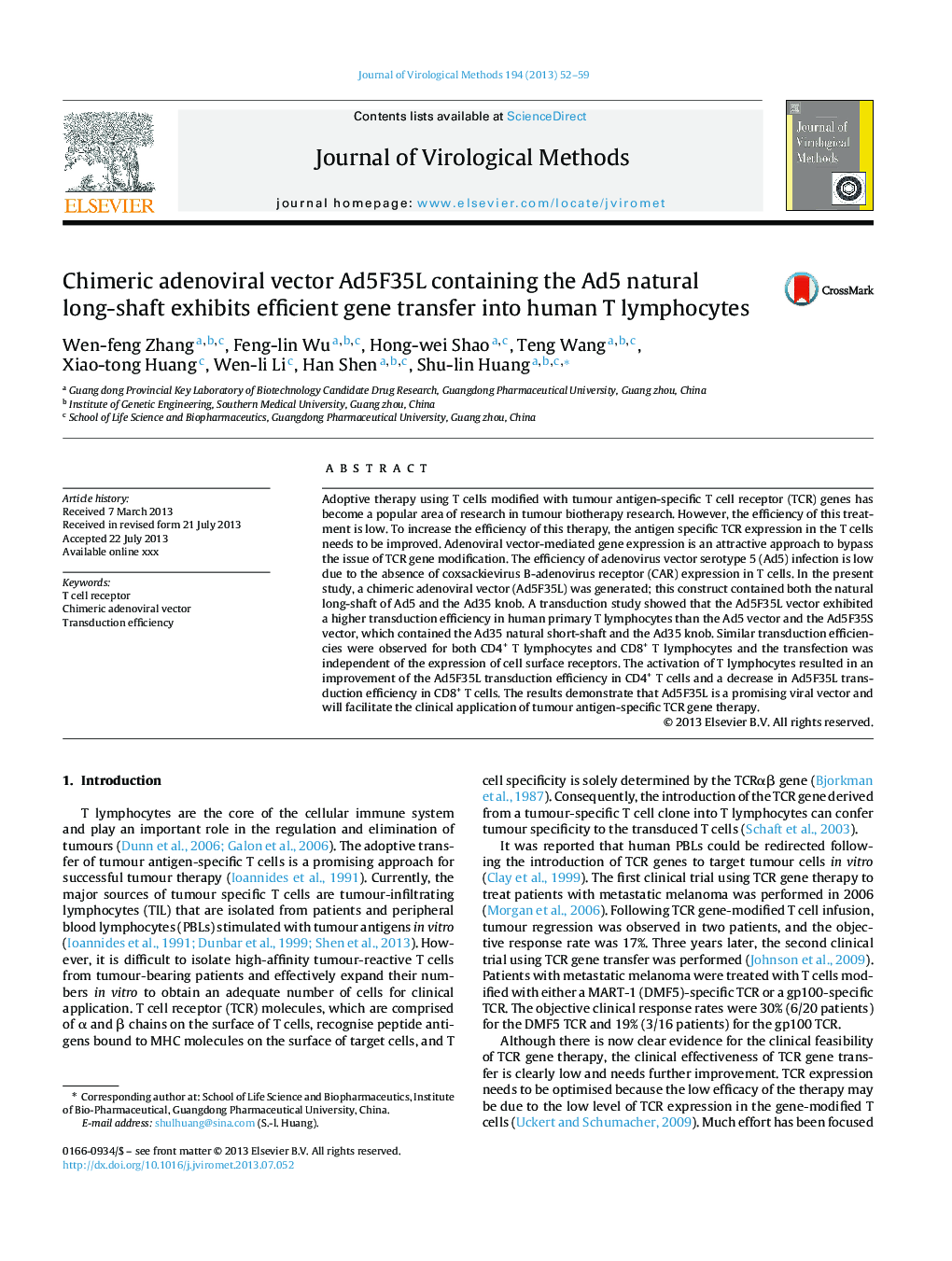 Chimeric adenoviral vector Ad5F35L containing the Ad5 natural long-shaft exhibits efficient gene transfer into human T lymphocytes