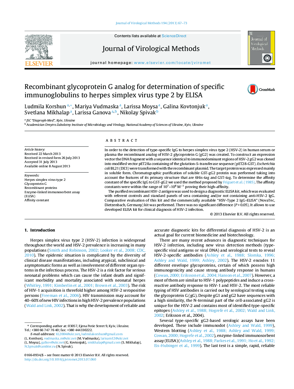 Recombinant glycoprotein G analog for determination of specific immunoglobulins to herpes simplex virus type 2 by ELISA