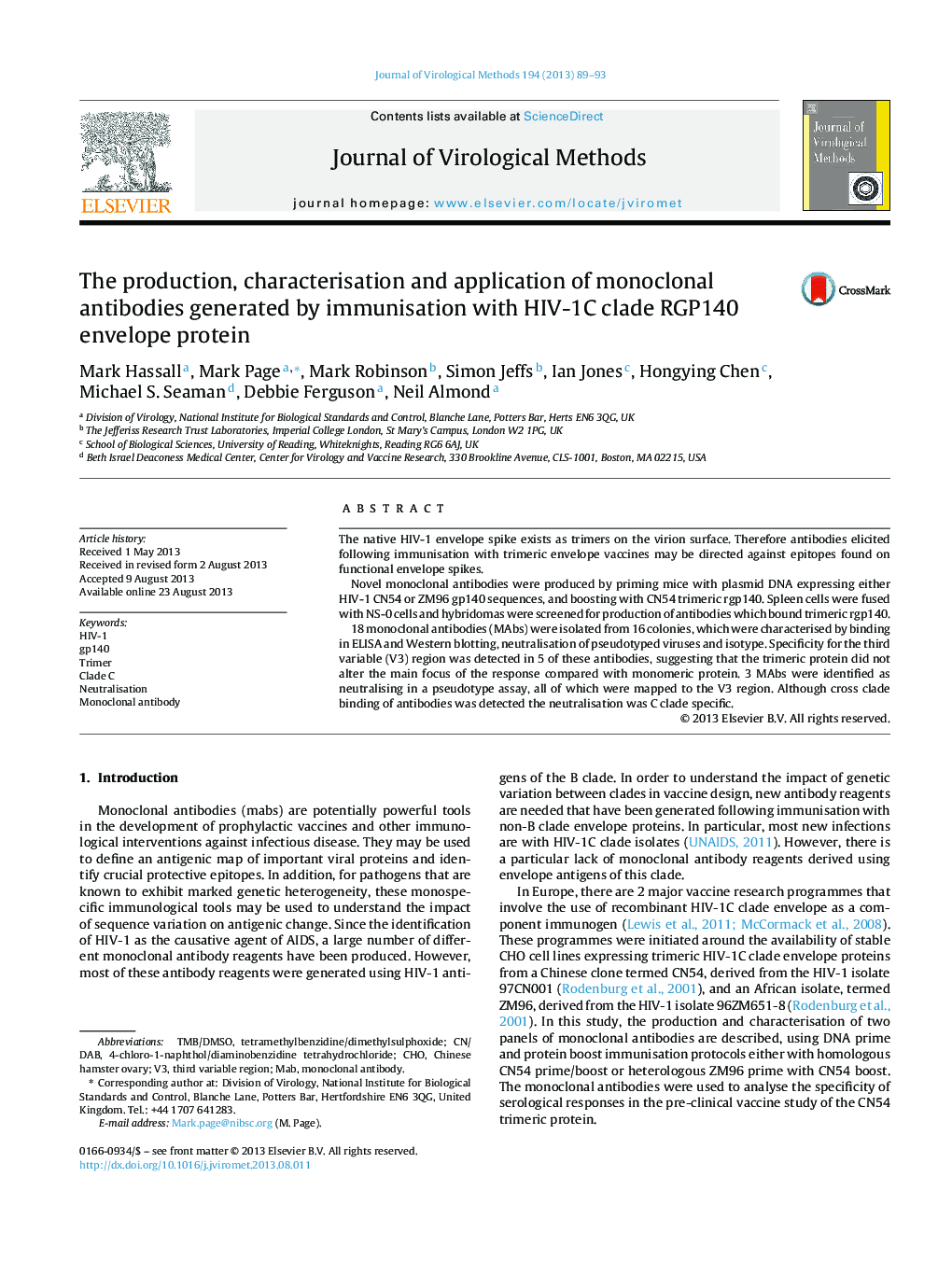 The production, characterisation and application of monoclonal antibodies generated by immunisation with HIV-1C clade RGP140 envelope protein