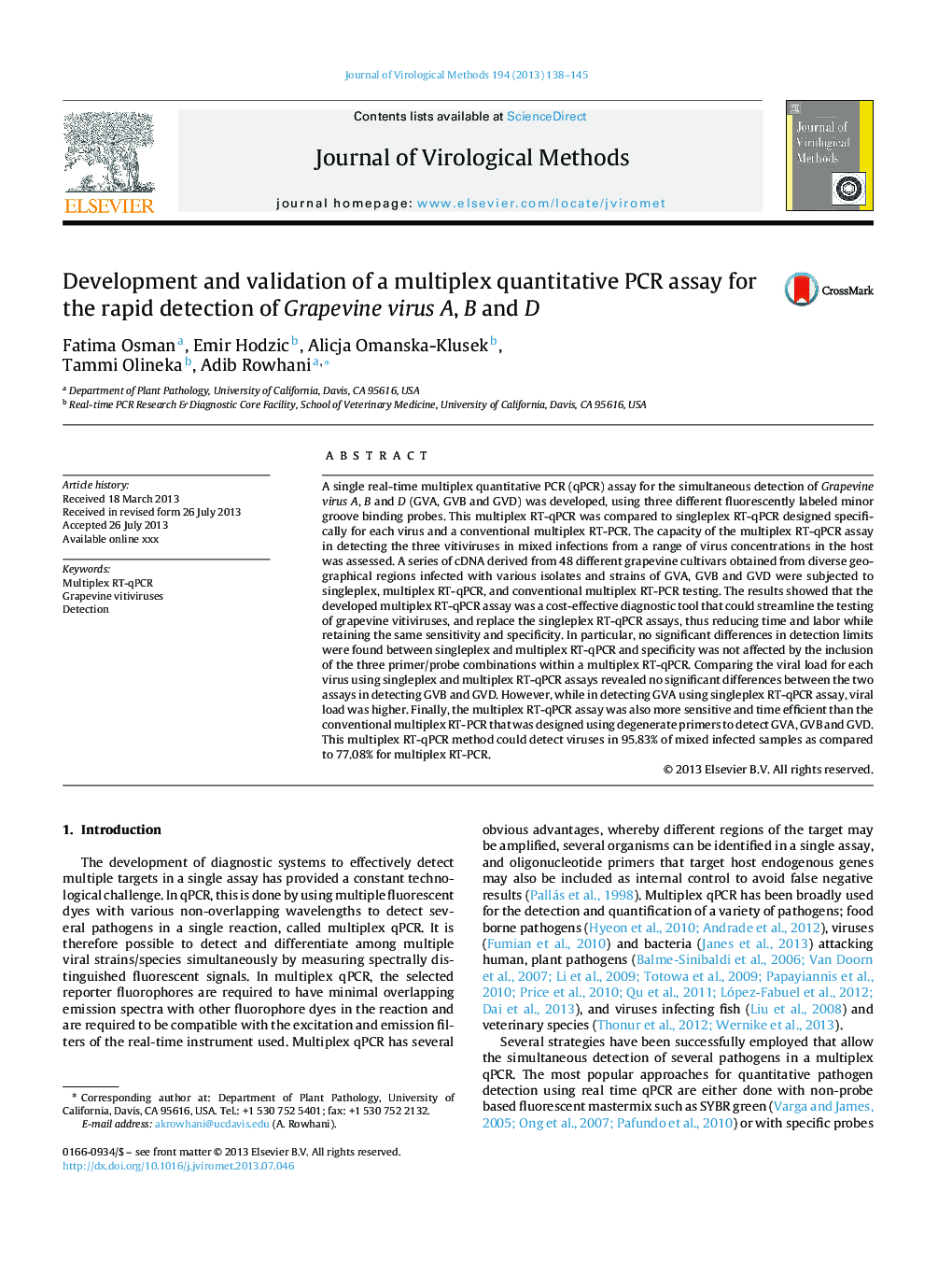 Development and validation of a multiplex quantitative PCR assay for the rapid detection of Grapevine virus A, B and D