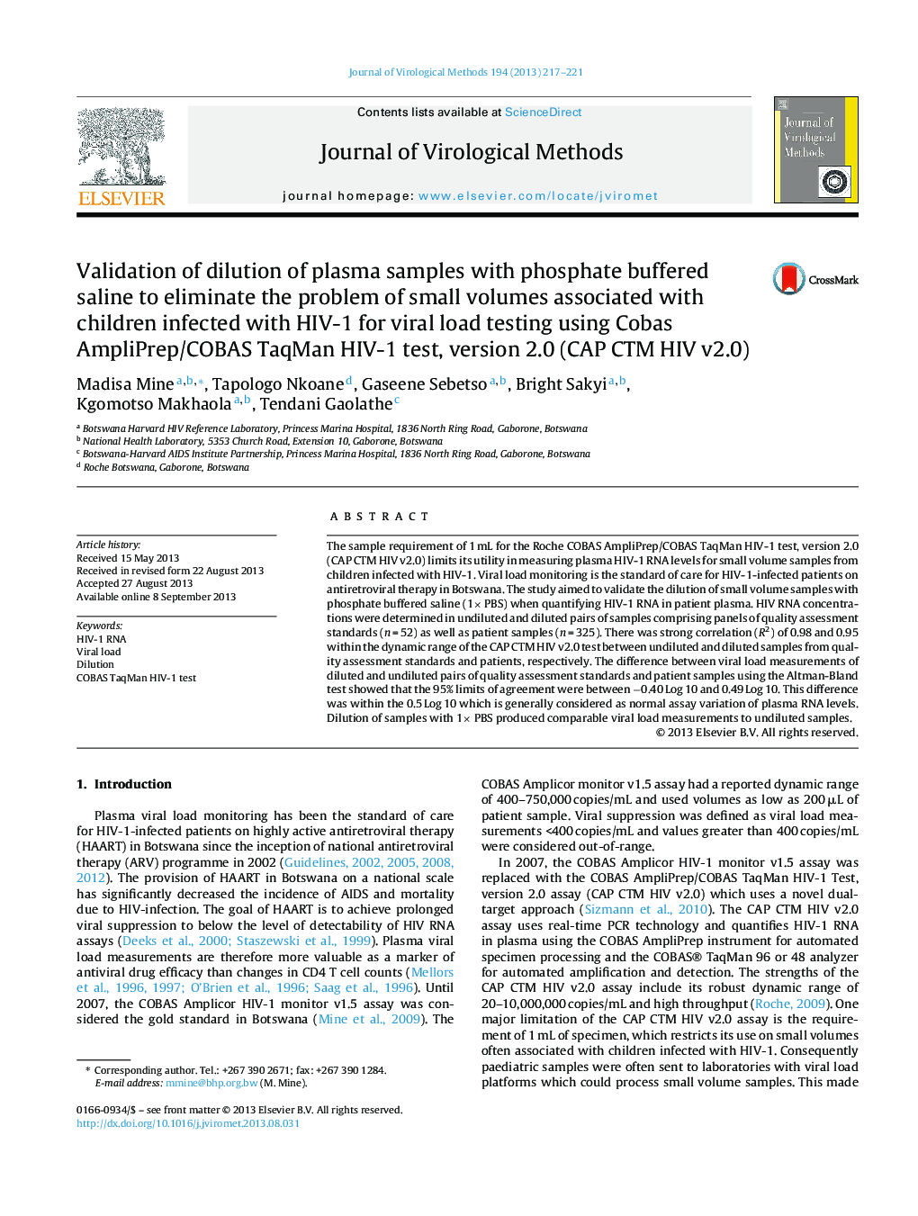 Validation of dilution of plasma samples with phosphate buffered saline to eliminate the problem of small volumes associated with children infected with HIV-1 for viral load testing using Cobas AmpliPrep/COBAS TaqMan HIV-1 test, version 2.0 (CAP CTM HIV v