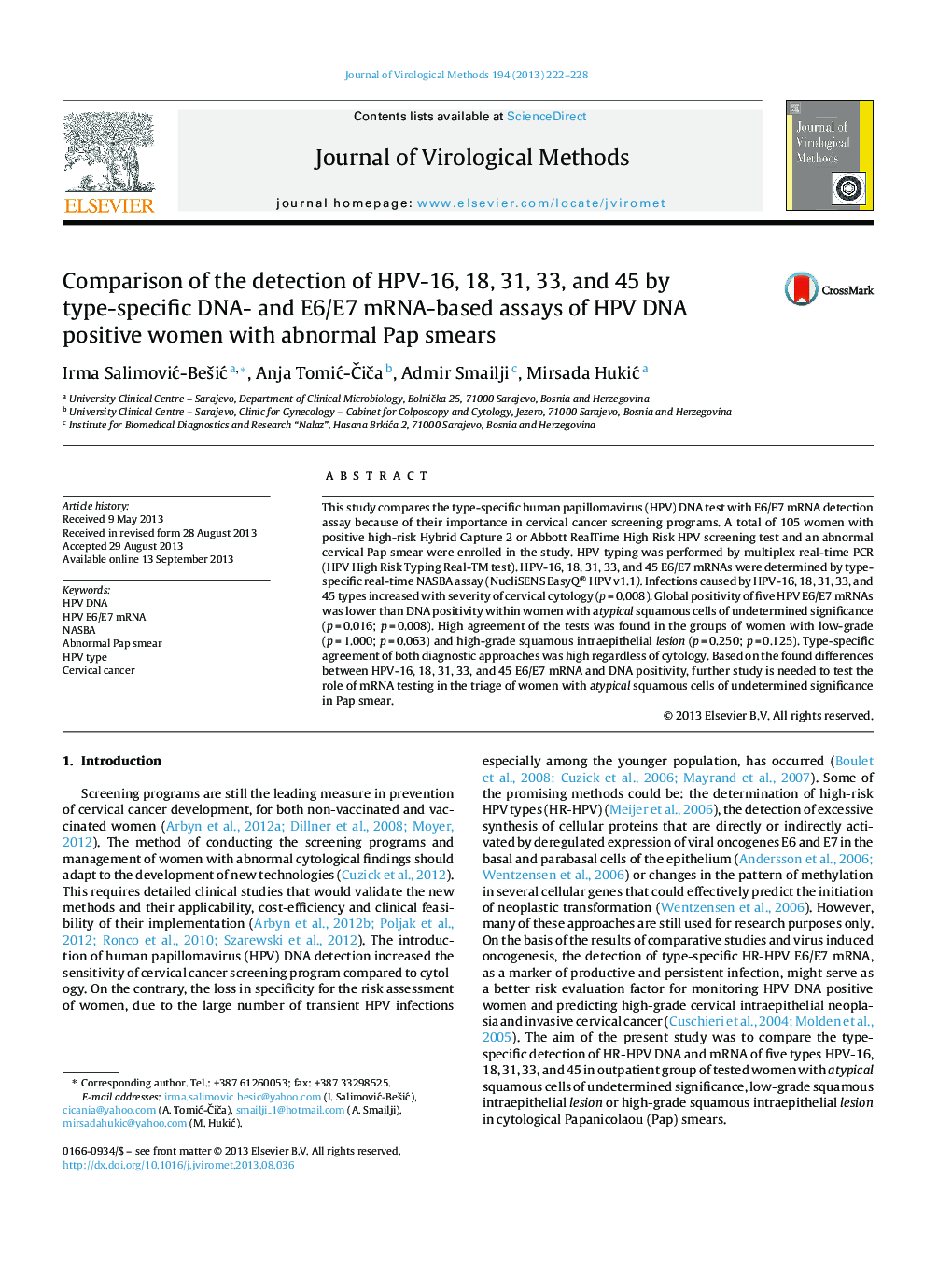 Comparison of the detection of HPV-16, 18, 31, 33, and 45 by type-specific DNA- and E6/E7 mRNA-based assays of HPV DNA positive women with abnormal Pap smears