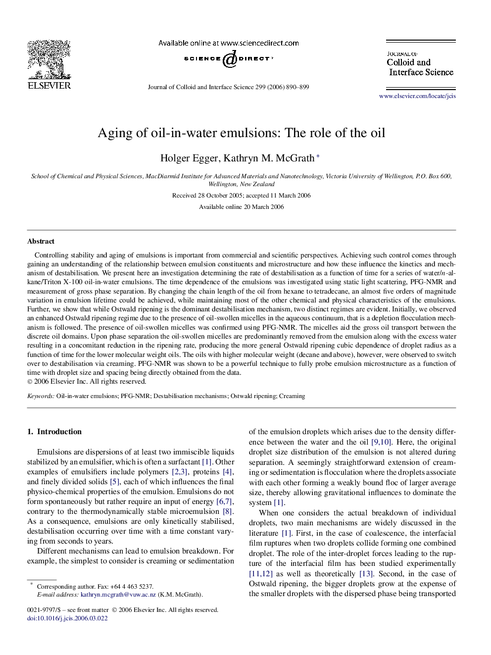 عکس صفحه اول مقاله: Aging of oil-in-water emulsions: The role of the oil Aging of oil-in-water emulsions: The role of the oil