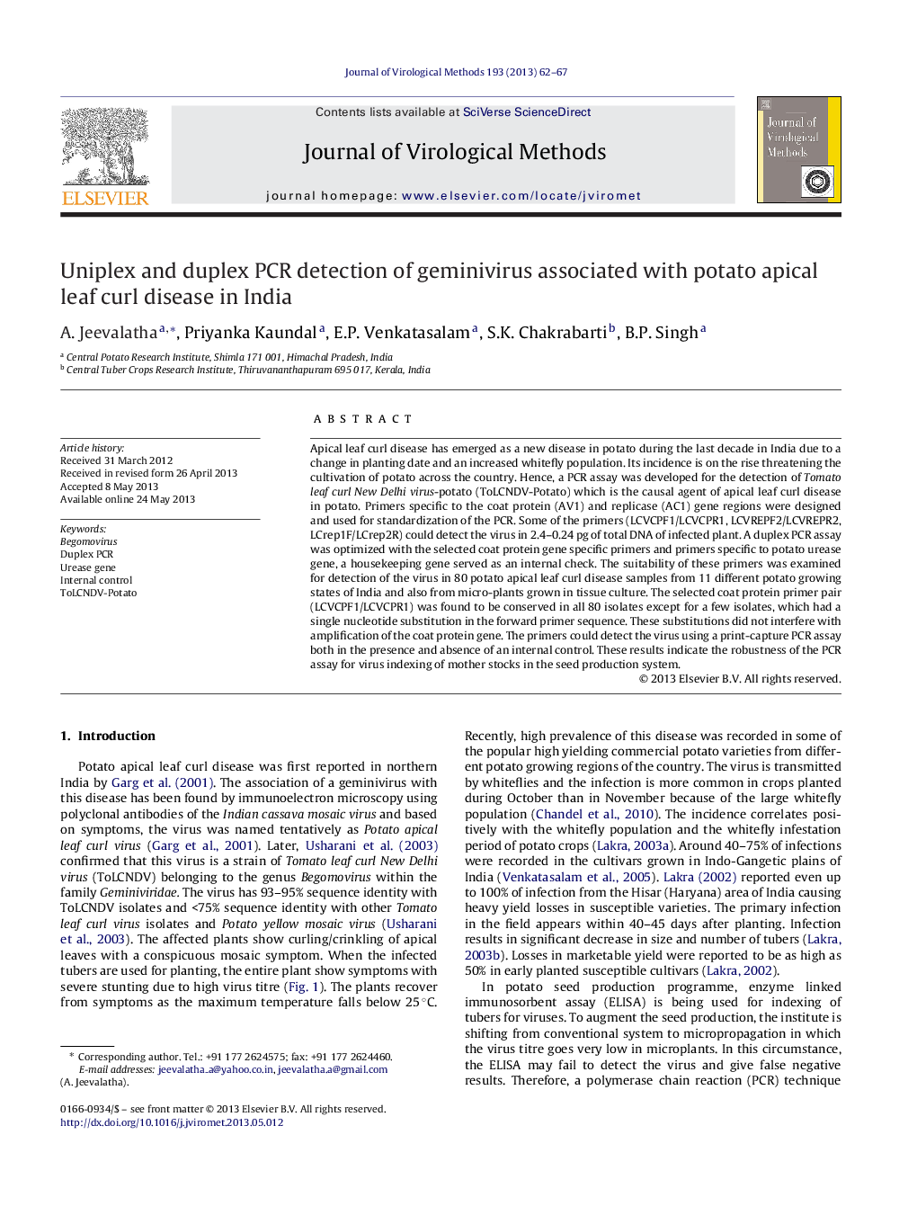 Uniplex and duplex PCR detection of geminivirus associated with potato apical leaf curl disease in India