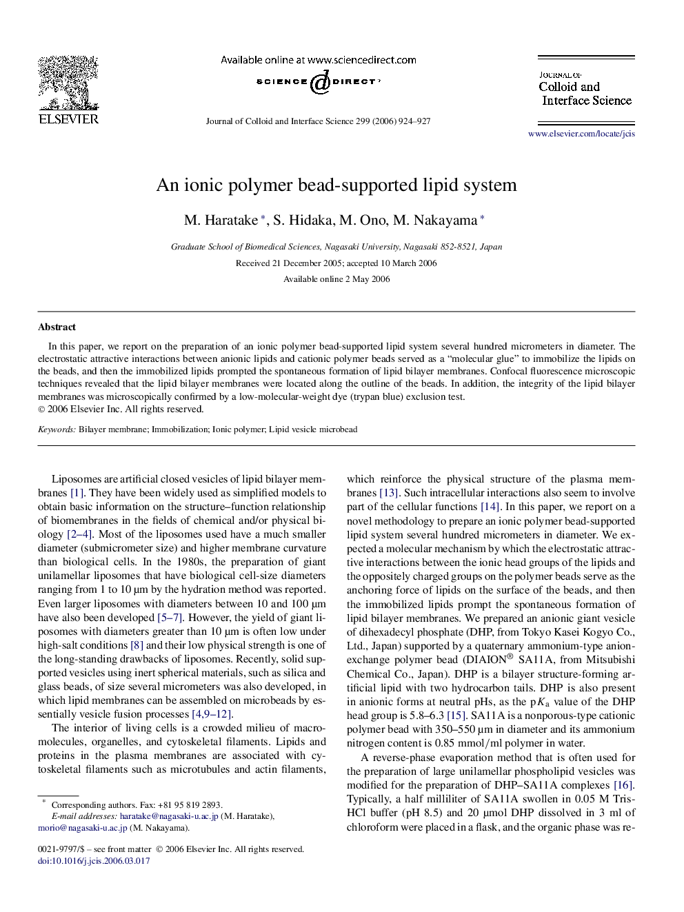 An ionic polymer bead-supported lipid system