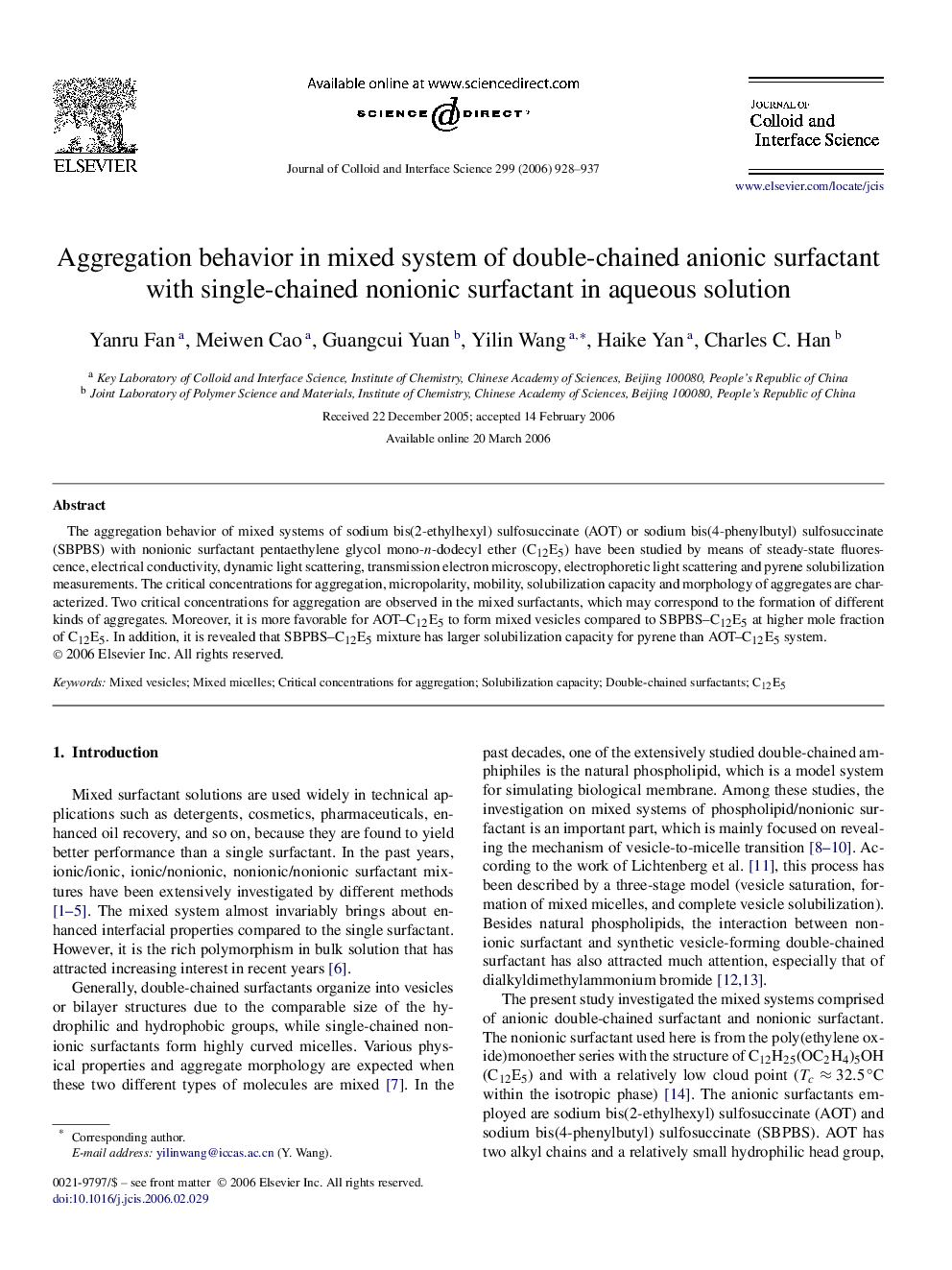 Aggregation behavior in mixed system of double-chained anionic surfactant with single-chained nonionic surfactant in aqueous solution