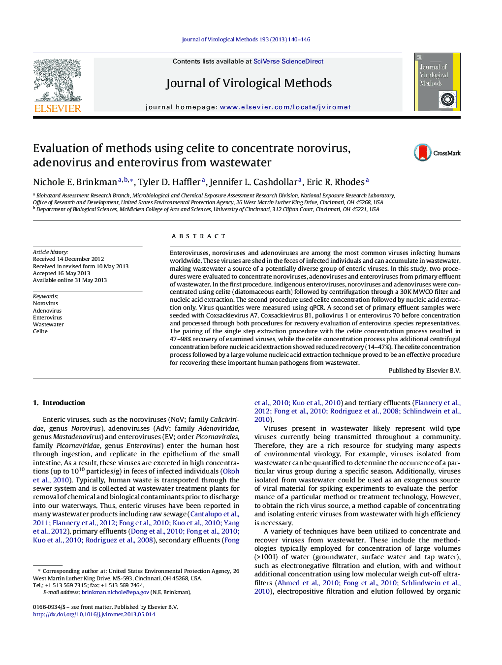 Evaluation of methods using celite to concentrate norovirus, adenovirus and enterovirus from wastewater