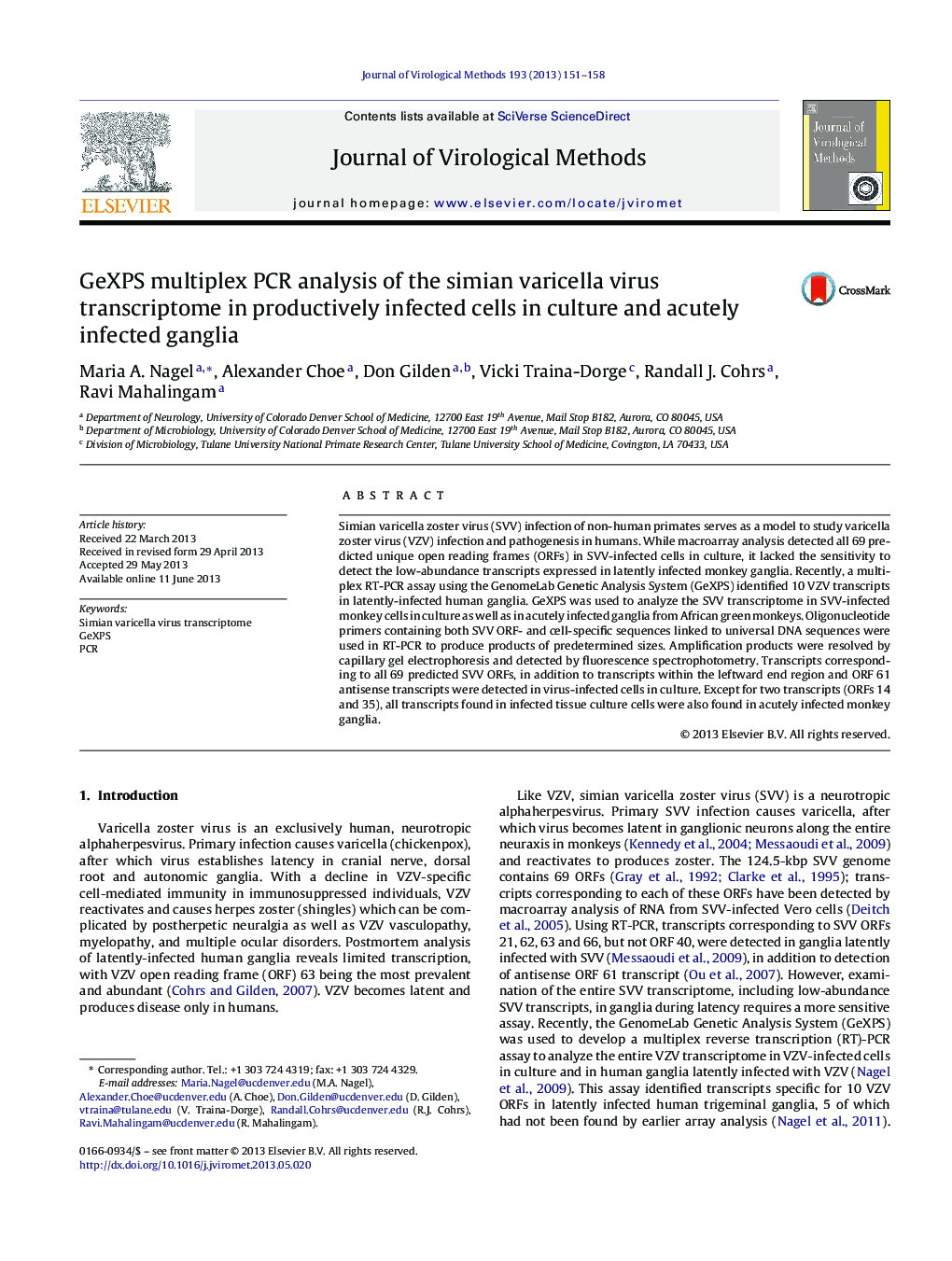 GeXPS multiplex PCR analysis of the simian varicella virus transcriptome in productively infected cells in culture and acutely infected ganglia