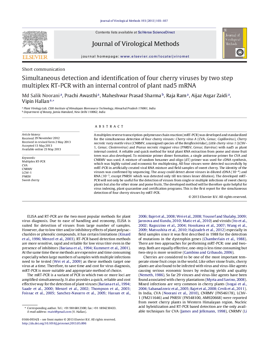 Simultaneous detection and identification of four cherry viruses by two step multiplex RT-PCR with an internal control of plant nad5 mRNA