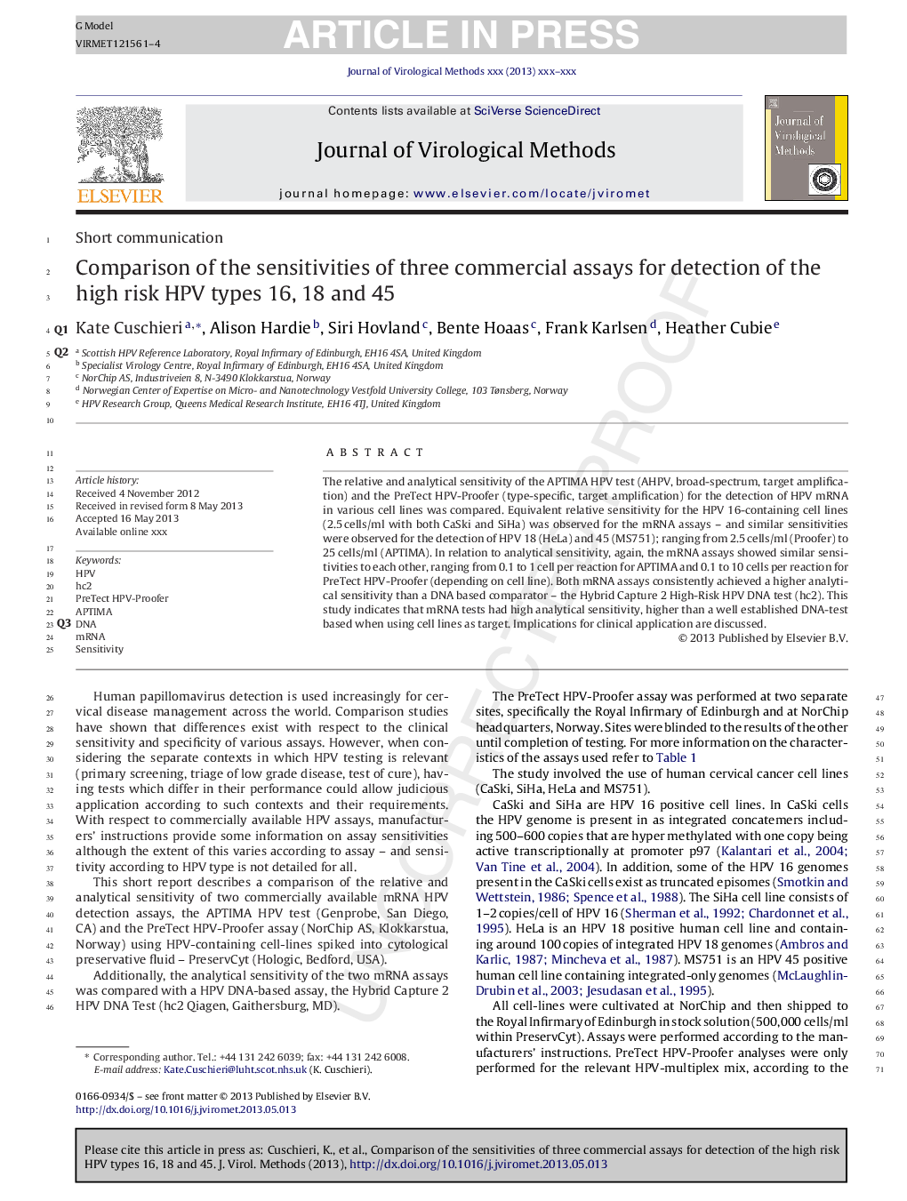 Comparison of the sensitivities of three commercial assays for detection of the high risk HPV types 16, 18 and 45