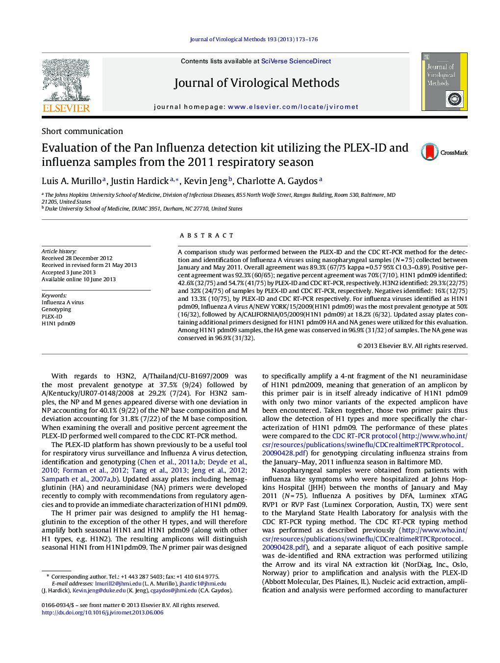 Evaluation of the Pan Influenza detection kit utilizing the PLEX-ID and influenza samples from the 2011 respiratory season