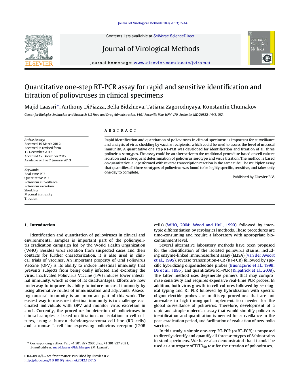 Quantitative one-step RT-PCR assay for rapid and sensitive identification and titration of polioviruses in clinical specimens