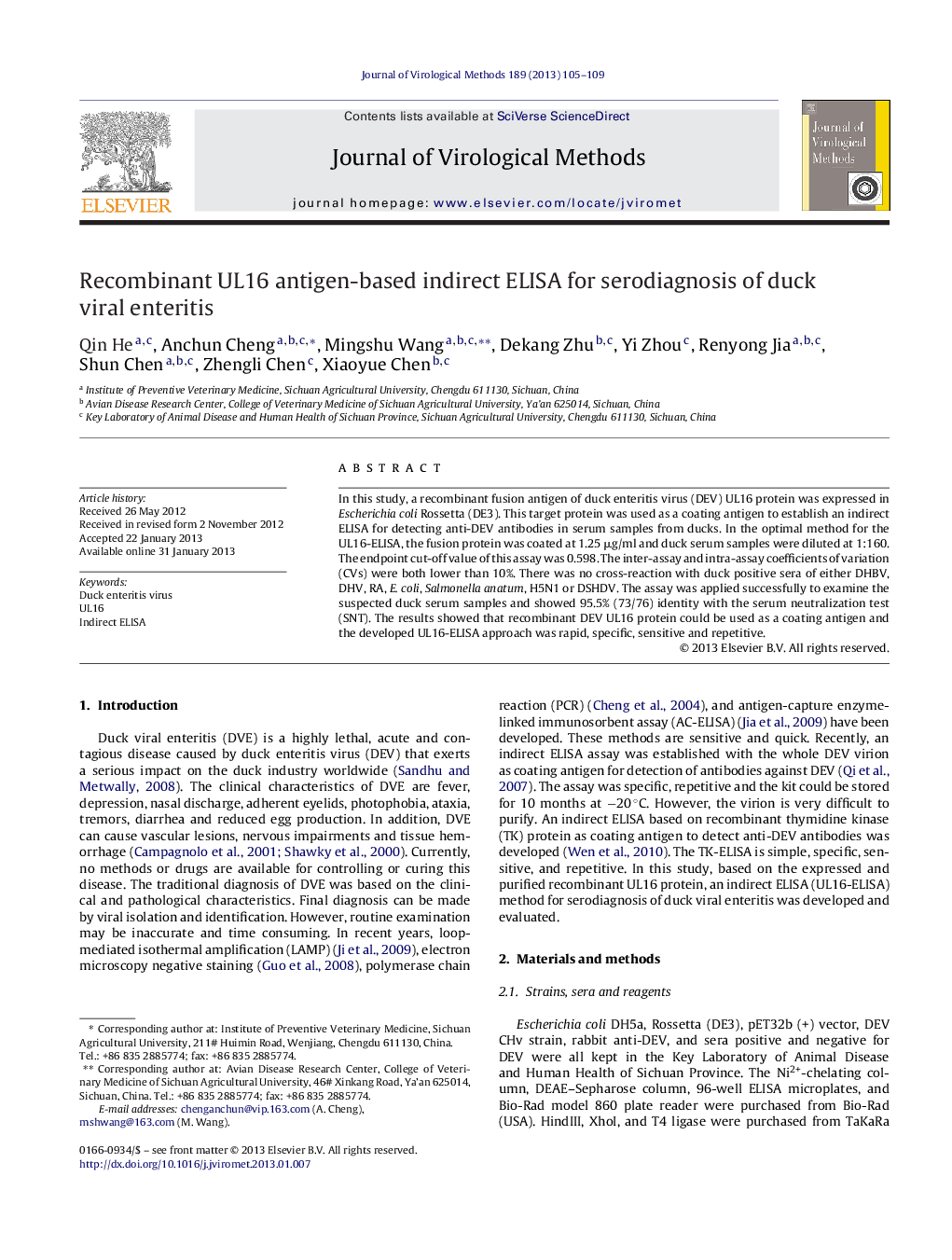 Recombinant UL16 antigen-based indirect ELISA for serodiagnosis of duck viral enteritis