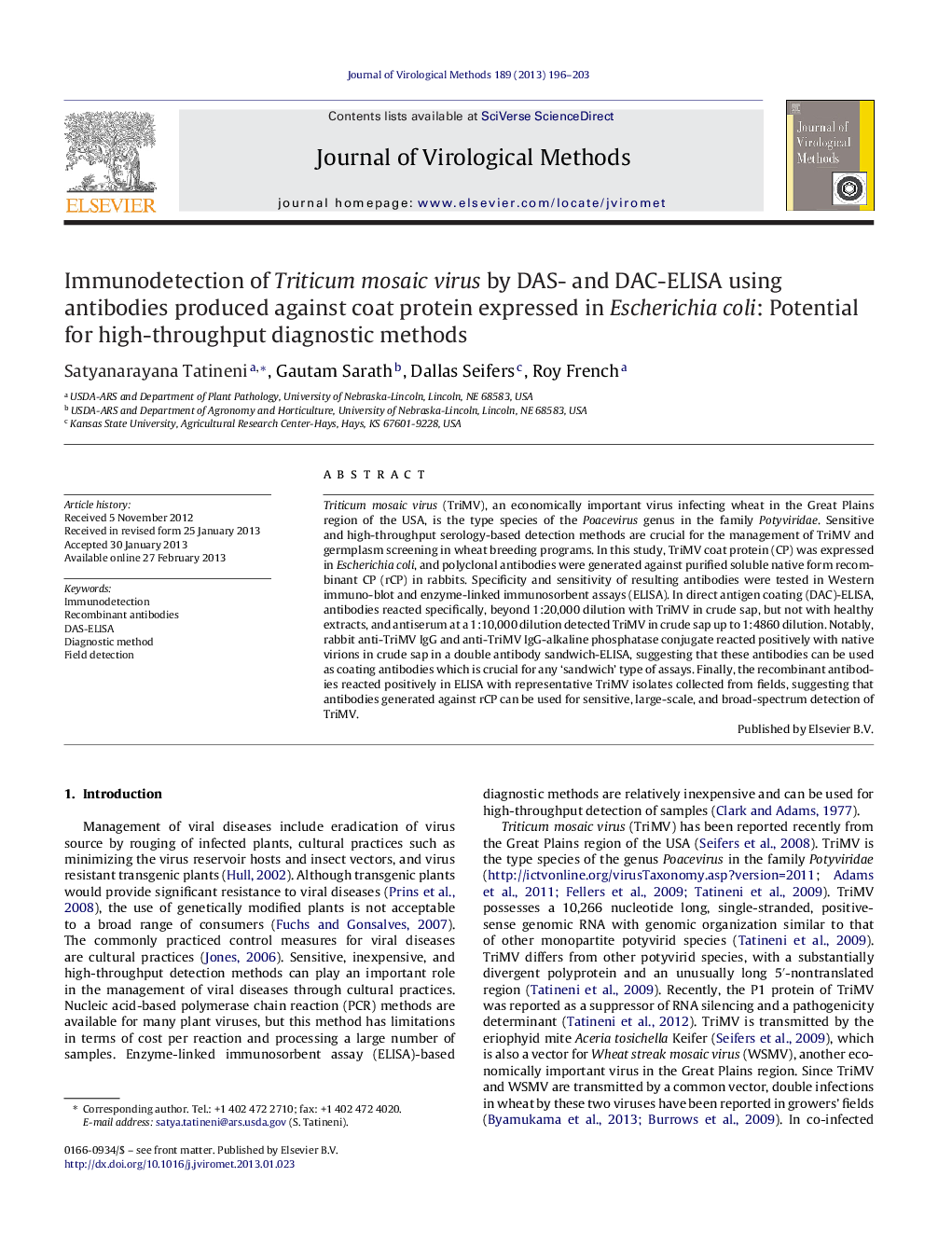 Immunodetection of Triticum mosaic virus by DAS- and DAC-ELISA using antibodies produced against coat protein expressed in Escherichia coli: Potential for high-throughput diagnostic methods