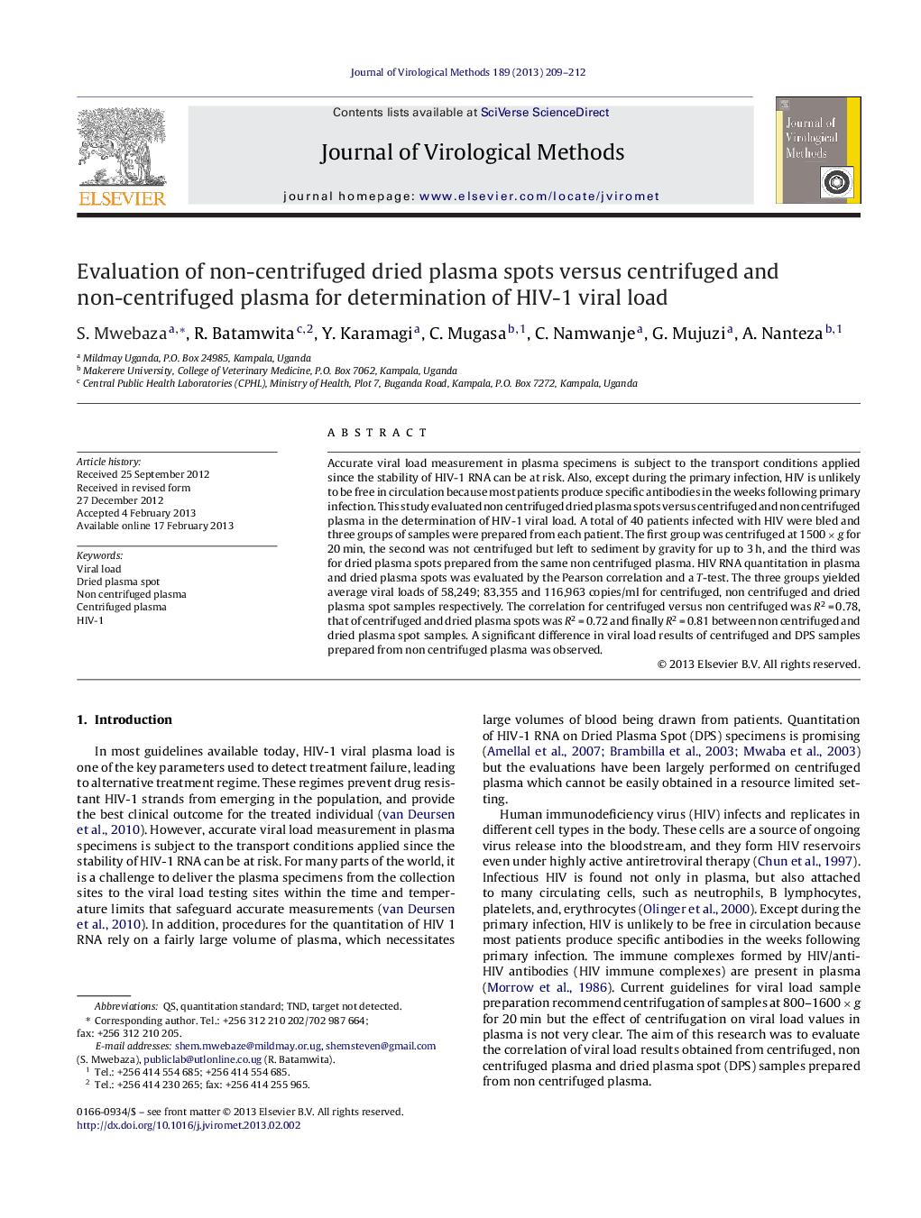 Evaluation of non-centrifuged dried plasma spots versus centrifuged and non-centrifuged plasma for determination of HIV-1 viral load