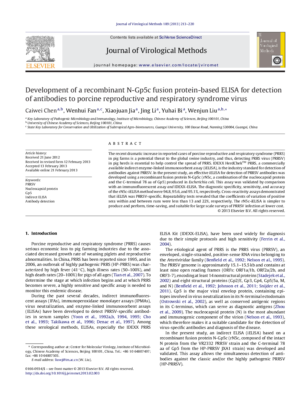 Development of a recombinant N-Gp5c fusion protein-based ELISA for detection of antibodies to porcine reproductive and respiratory syndrome virus