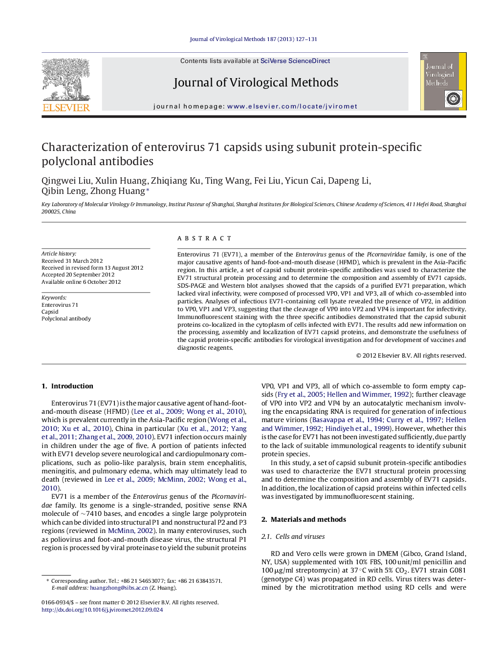 Characterization of enterovirus 71 capsids using subunit protein-specific polyclonal antibodies