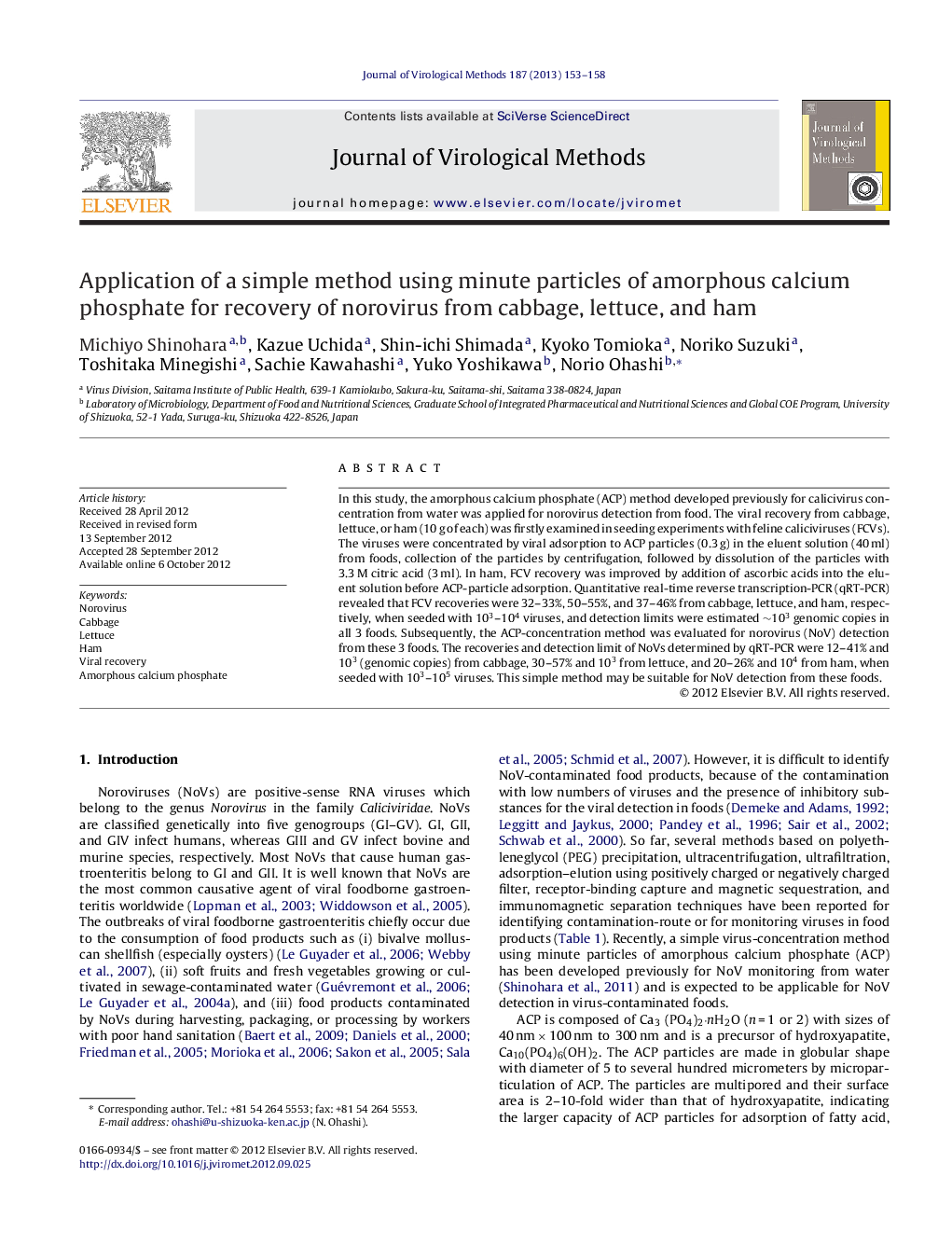 Application of a simple method using minute particles of amorphous calcium phosphate for recovery of norovirus from cabbage, lettuce, and ham