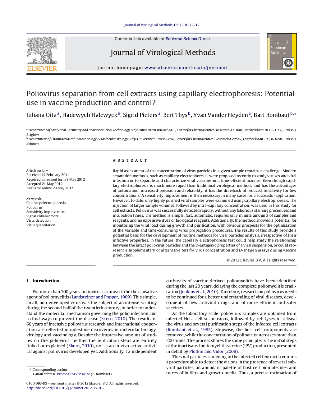 Poliovirus separation from cell extracts using capillary electrophoresis: Potential use in vaccine production and control?