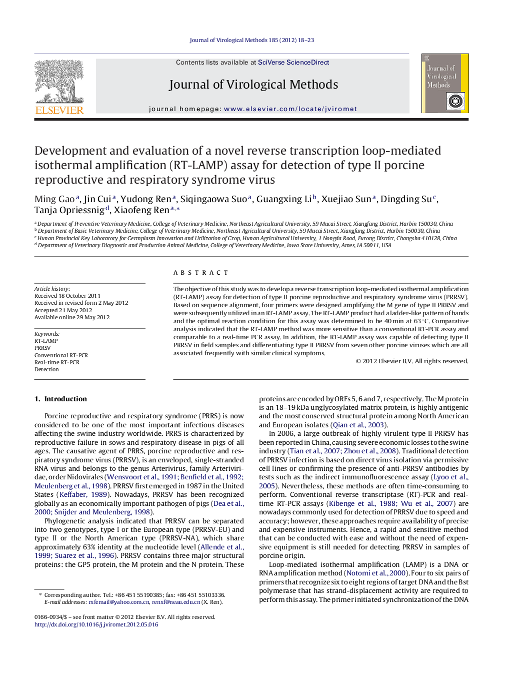 Development and evaluation of a novel reverse transcription loop-mediated isothermal amplification (RT-LAMP) assay for detection of type II porcine reproductive and respiratory syndrome virus