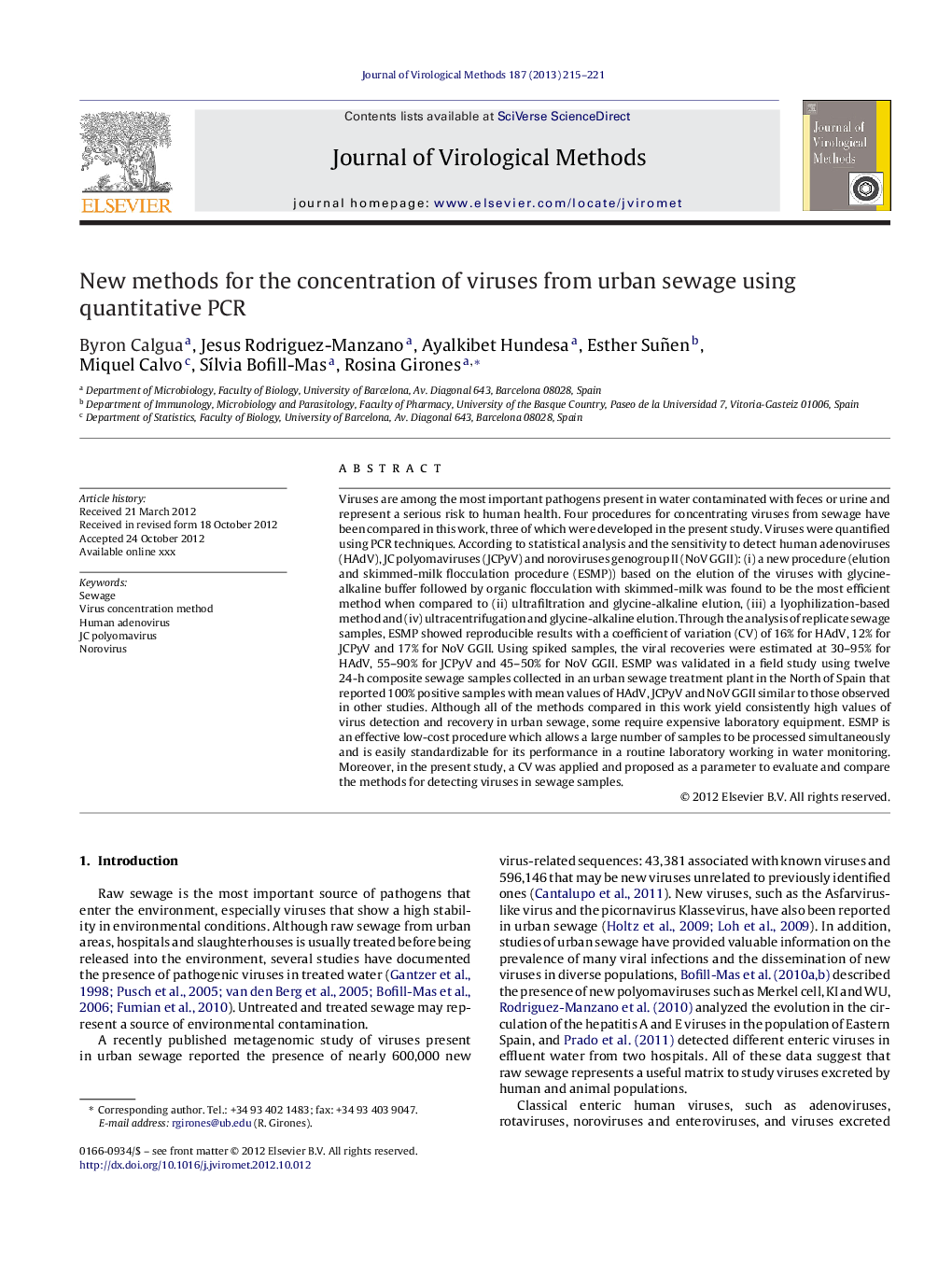 New methods for the concentration of viruses from urban sewage using quantitative PCR