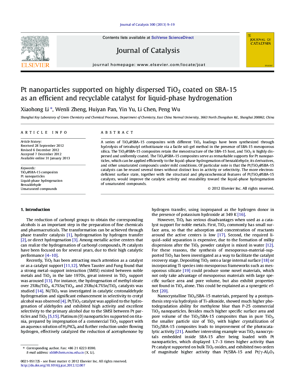 Pt nanoparticles supported on highly dispersed TiO2 coated on SBA-15 as an efficient and recyclable catalyst for liquid-phase hydrogenation