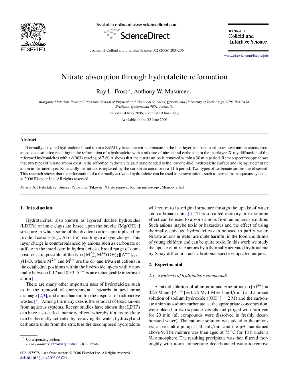 Nitrate absorption through hydrotalcite reformation