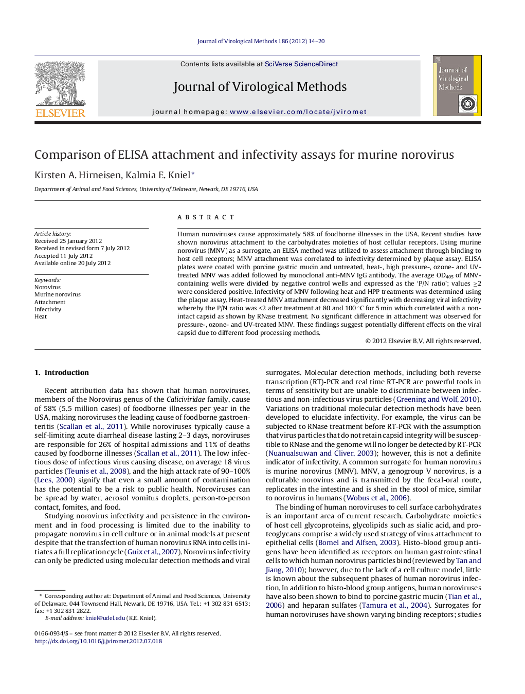 Comparison of ELISA attachment and infectivity assays for murine norovirus