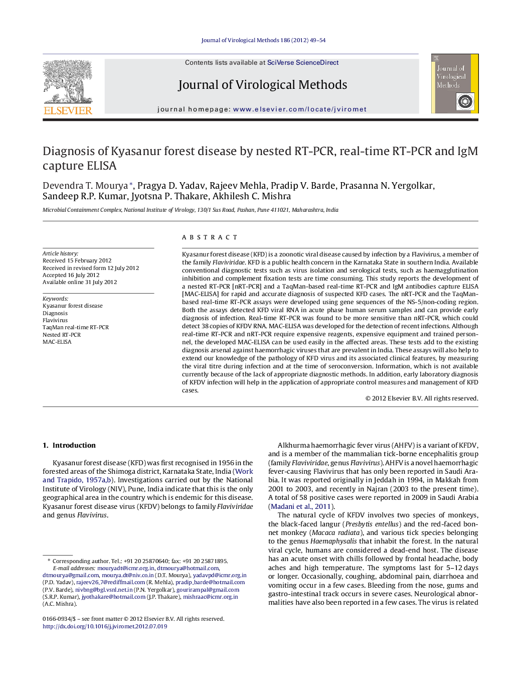 Diagnosis of Kyasanur forest disease by nested RT-PCR, real-time RT-PCR and IgM capture ELISA